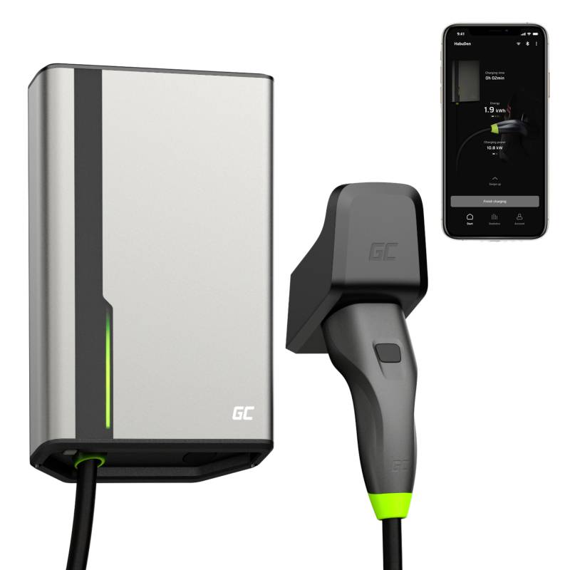 Station de recharge avec câble et affichage sur un smartphone. L'écran affiche les détails de charge d'un véhicule électrique.