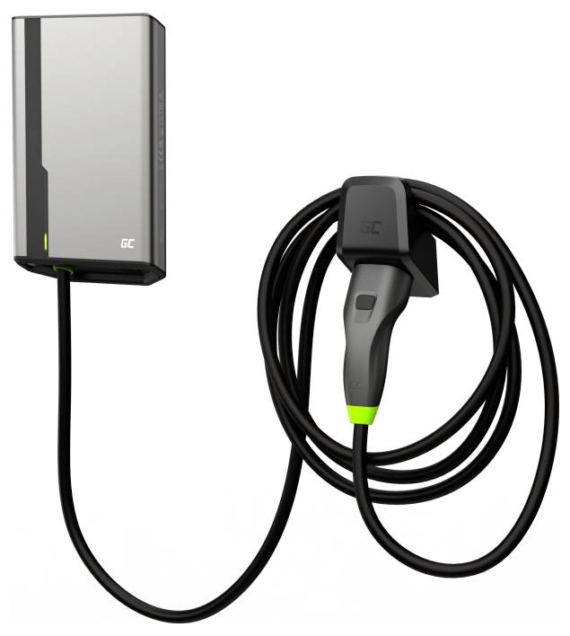 Une station de charge électrique avec câble et prise pour véhicules électriques. Le design est moderne et élégant, avec un accent vert.
