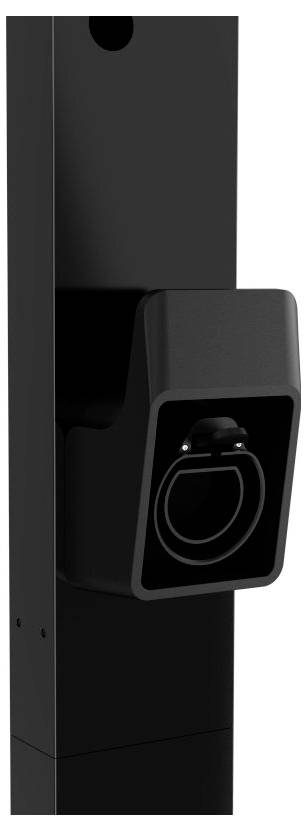 Borne de recharge noire pour véhicules électriques, au design moderne, montée sur un poteau.