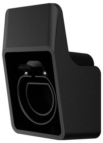 Un support noir fixé au mur avec une section circulaire ouverte pour le rangement d'objets ou d'appareils.