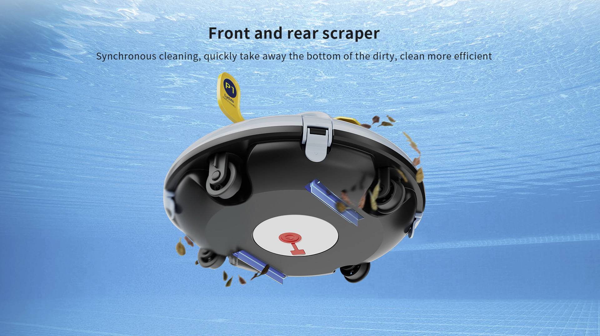 Robot de nettoyage sous-marin avec brosses et racleurs nettoie simultanément le fond de la piscine et élimine les salissures de manière efficace.