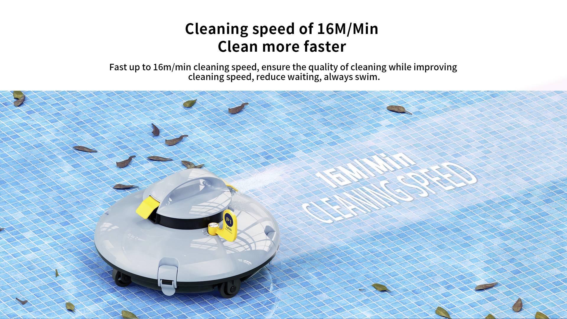 Un robot de nettoyage de piscine retire des feuilles d'un bassin. Le texte sur l'image souligne la vitesse de nettoyage de 16 mètres par minute.