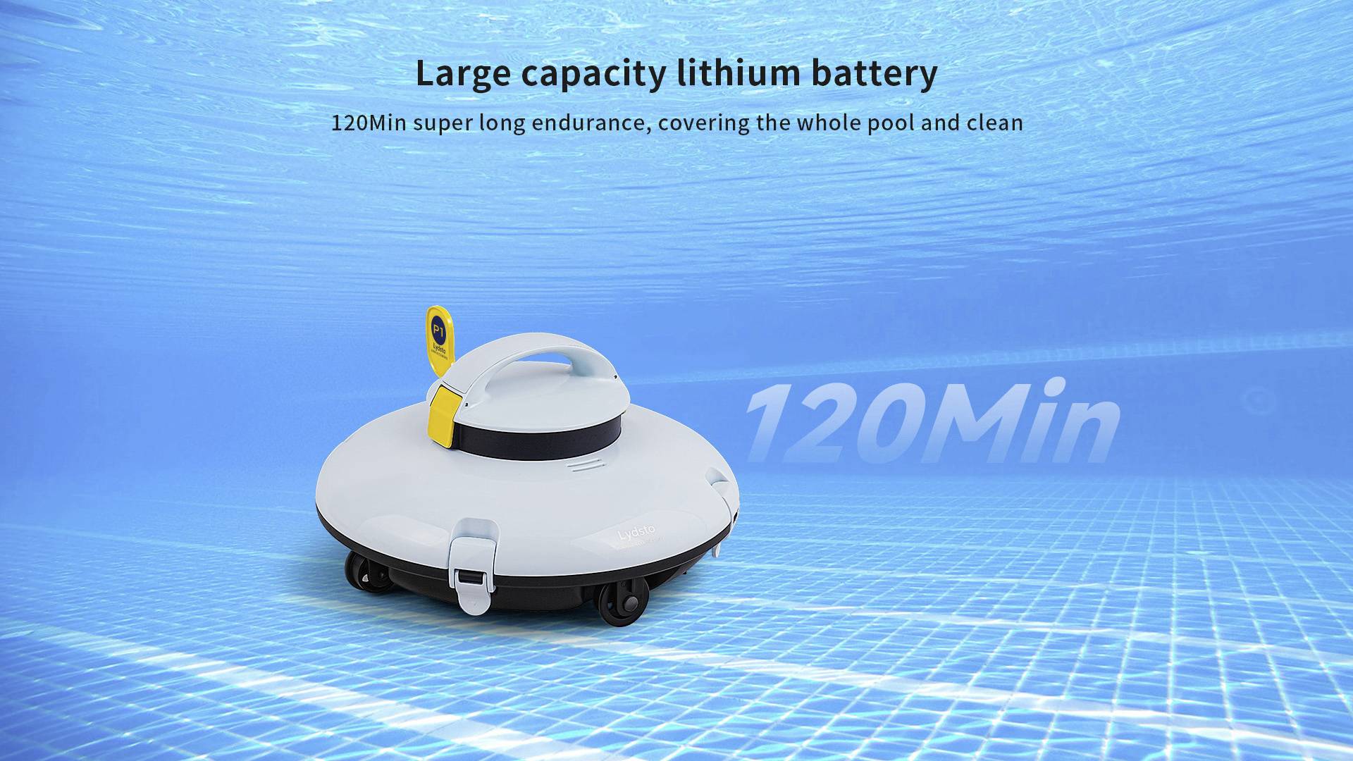 Nettoyeur de piscine flottant avec grande batterie au lithium, autonomie de 120 minutes, illustré sur un fond de piscine bleu.