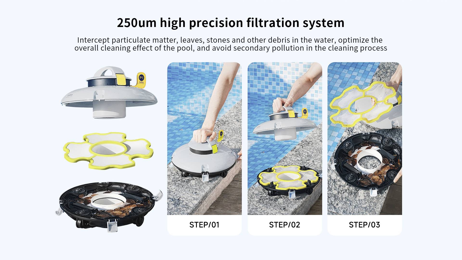 Système de filtration haute précision de 250 µm : Filtre les particules, les feuilles et les pierres dans l'eau, optimise le nettoyage de la piscine en 3 étapes.