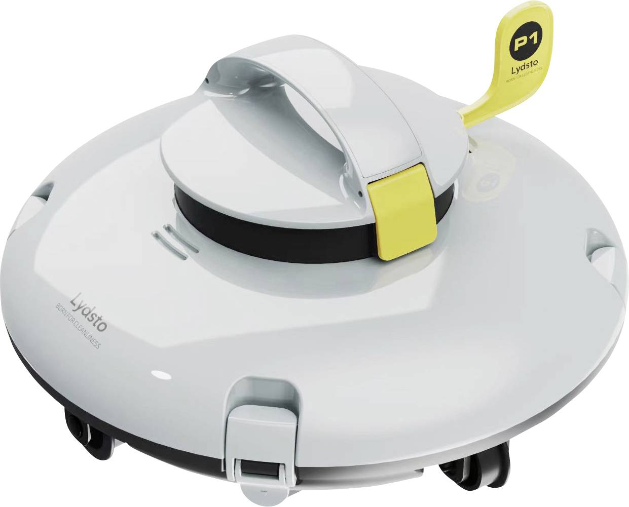 Un robot rond blanc avec une poignée et un élément jaune portant l'inscription 'P1', probablement un appareil de nettoyage ou un aspirateur.