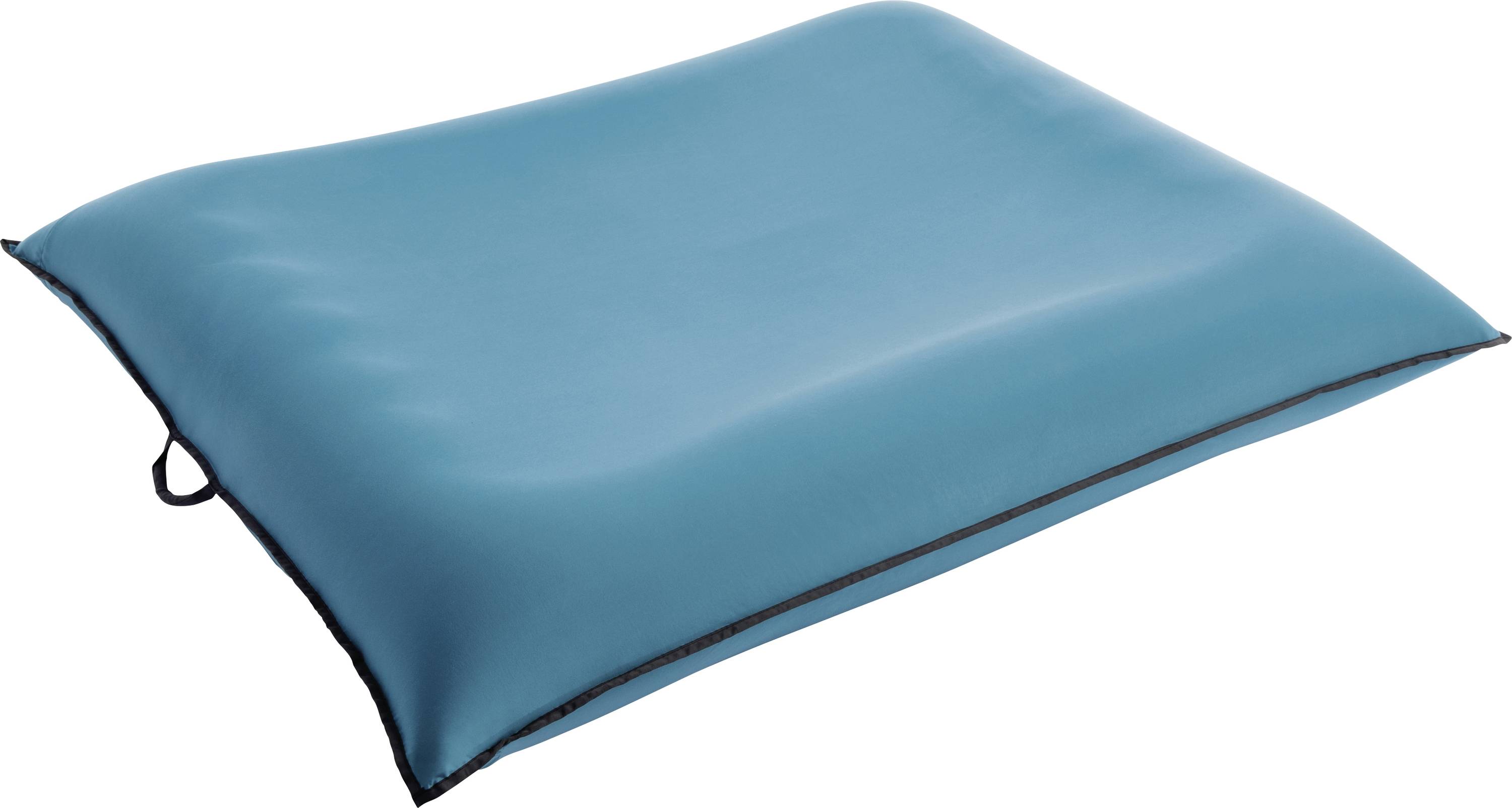 Coussin bleu, rectangulaire et gonflé d'air, avec des coins arrondis et une boucle sur le côté, posé à plat sur une surface.
