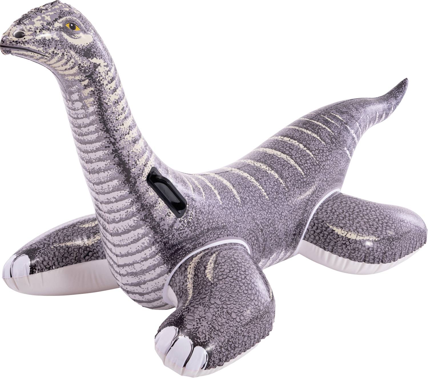 Dinosaure gonflable en forme de dinosaure à quatre pattes et au long cou, principalement gris avec des détails blancs.