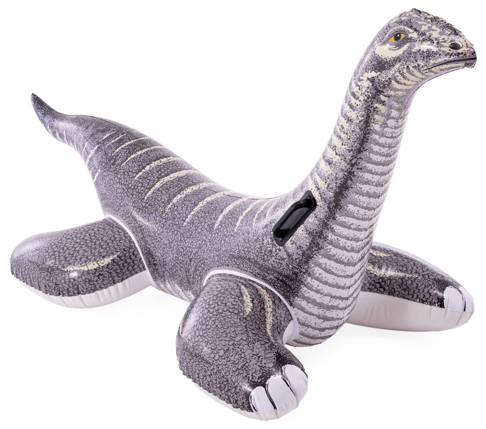 Un jouet gonflable représentant un dinosaure Brachiosaurus, avec des rayures grises et blanches, posé sur un fond blanc.