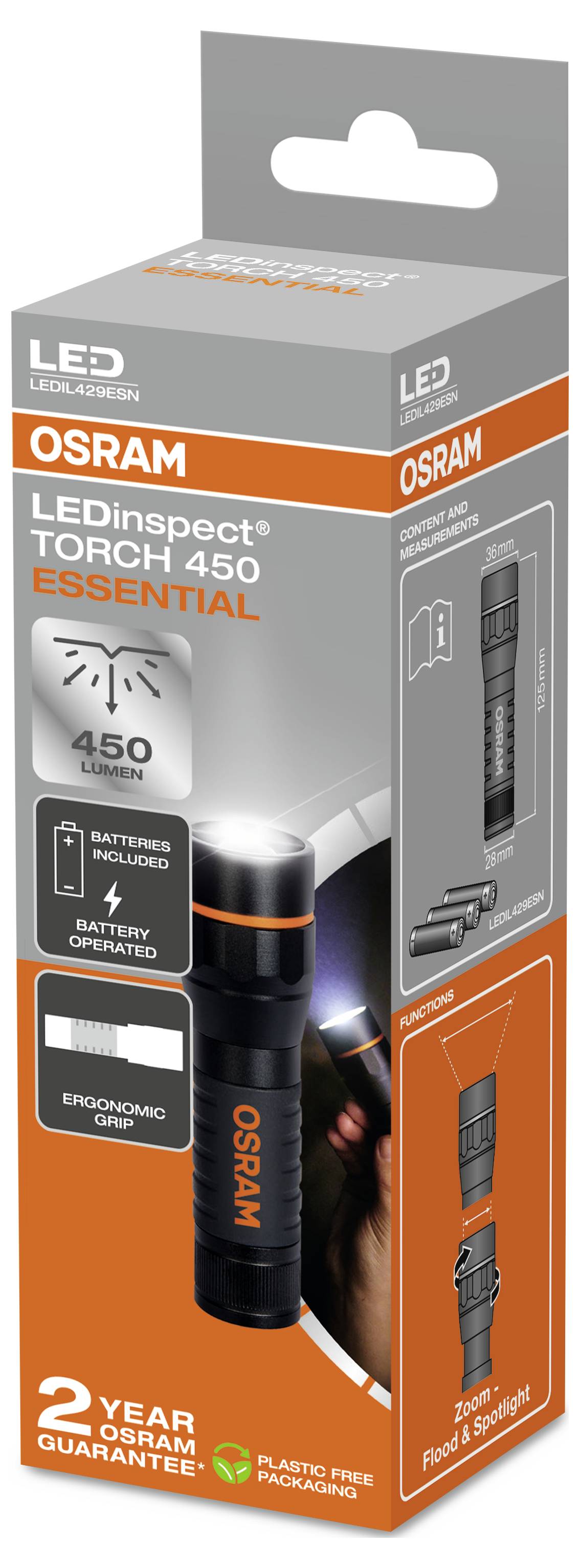 Emballage d'une lampe de poche LED OSRAM 'LEDinspect TORCH 450 ESSENTIAL' avec 450 lumens, batteries incluses, 2 ans de garantie.