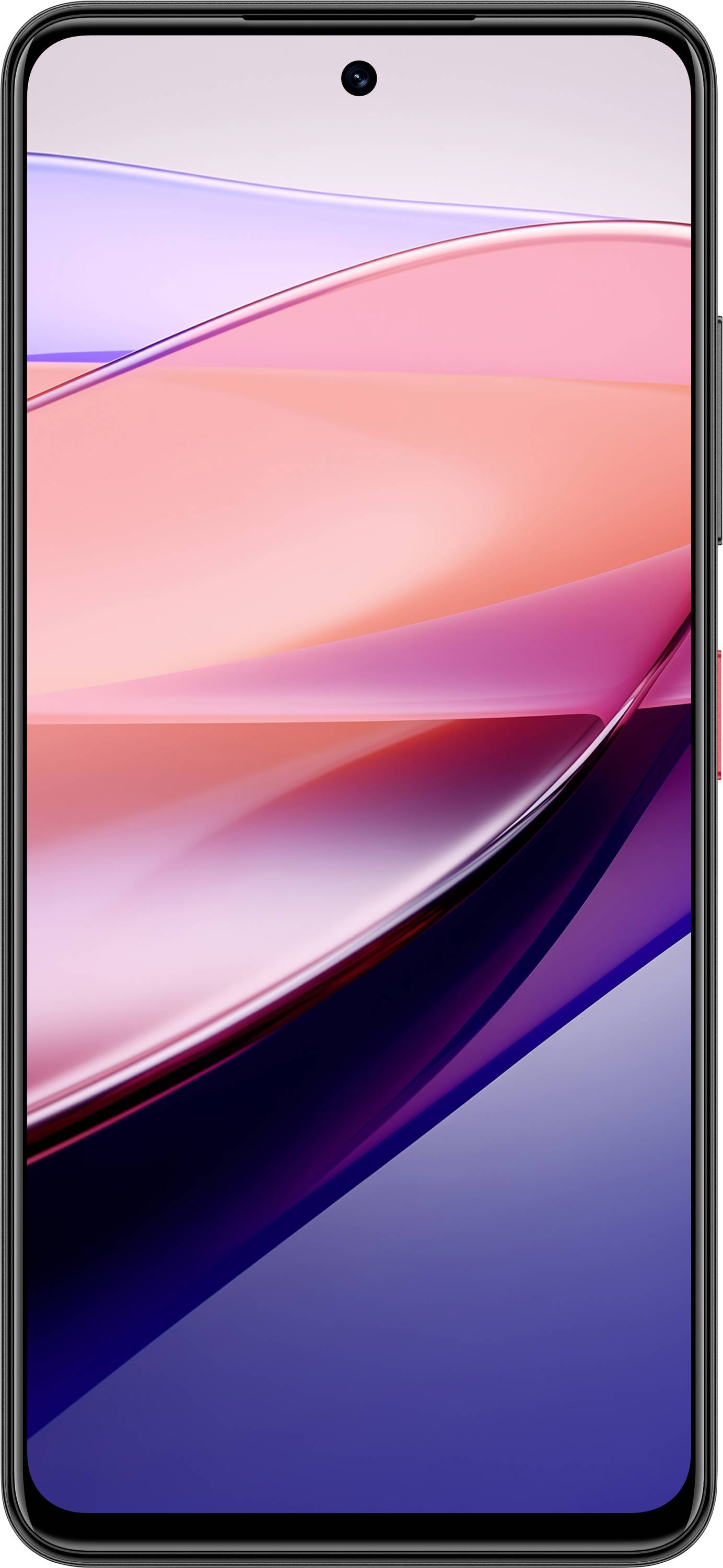 Smartphone avec un écran coloré affichant un mélange abstrait de motifs d'ondes roses et bleues. La caméra frontale est centrée en haut de l'écran.