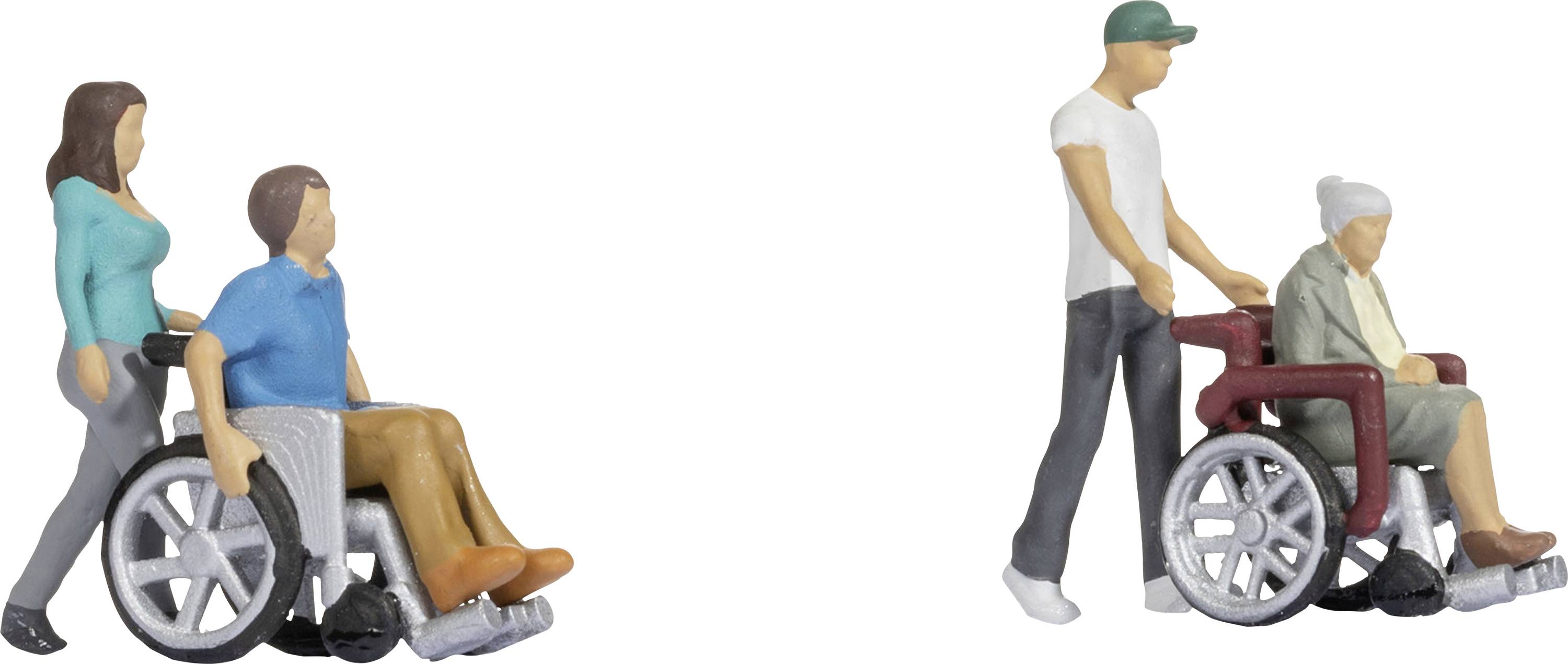 Deux figurines miniatures : À gauche, une femme poussant un homme en fauteuil roulant. À droite, un homme poussant une femme âgée en fauteuil roulant.