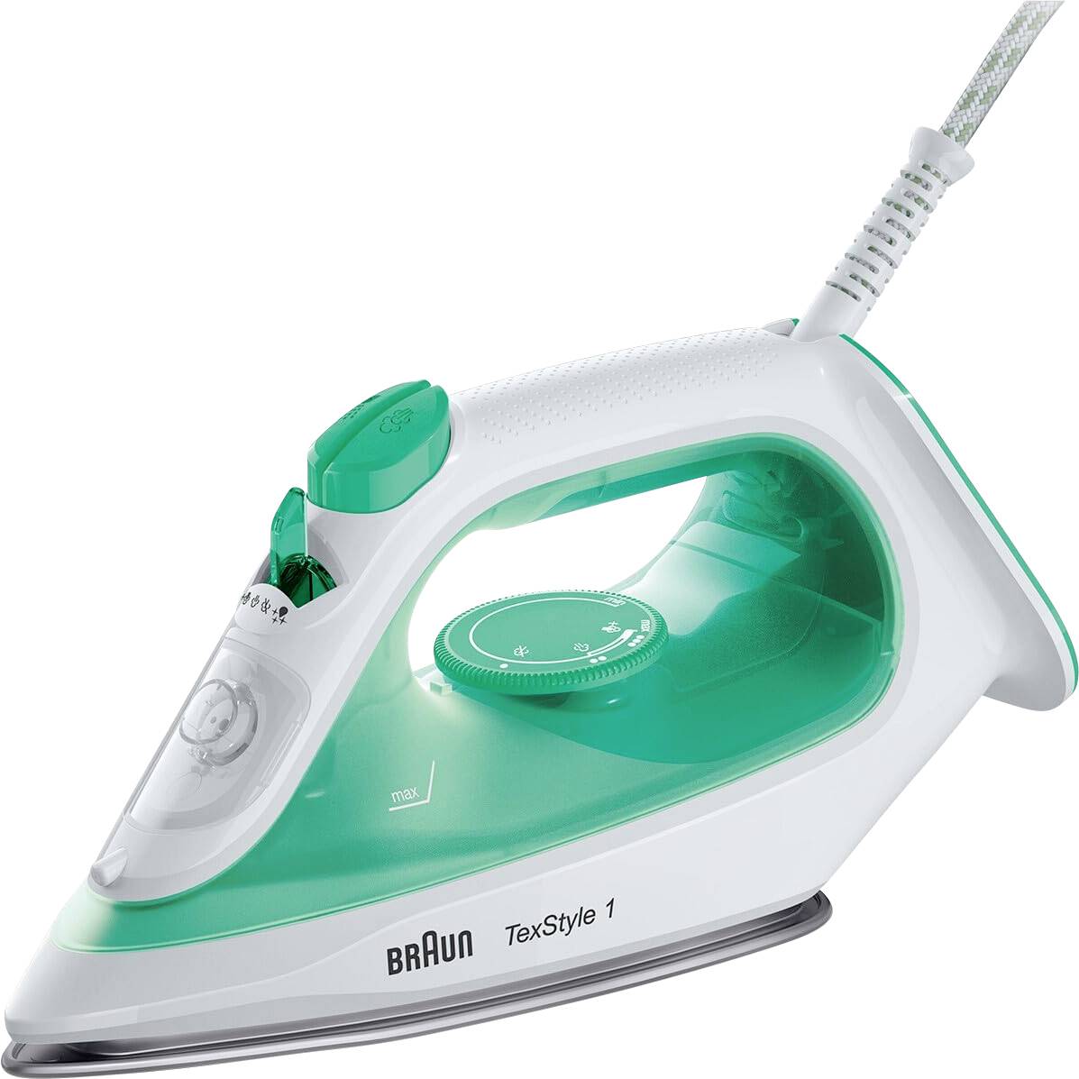 Un fer à repasser vapeur blanc et vert de la marque Braun avec réglage et réservoir d'eau, modèle 'TexStyle 1'.