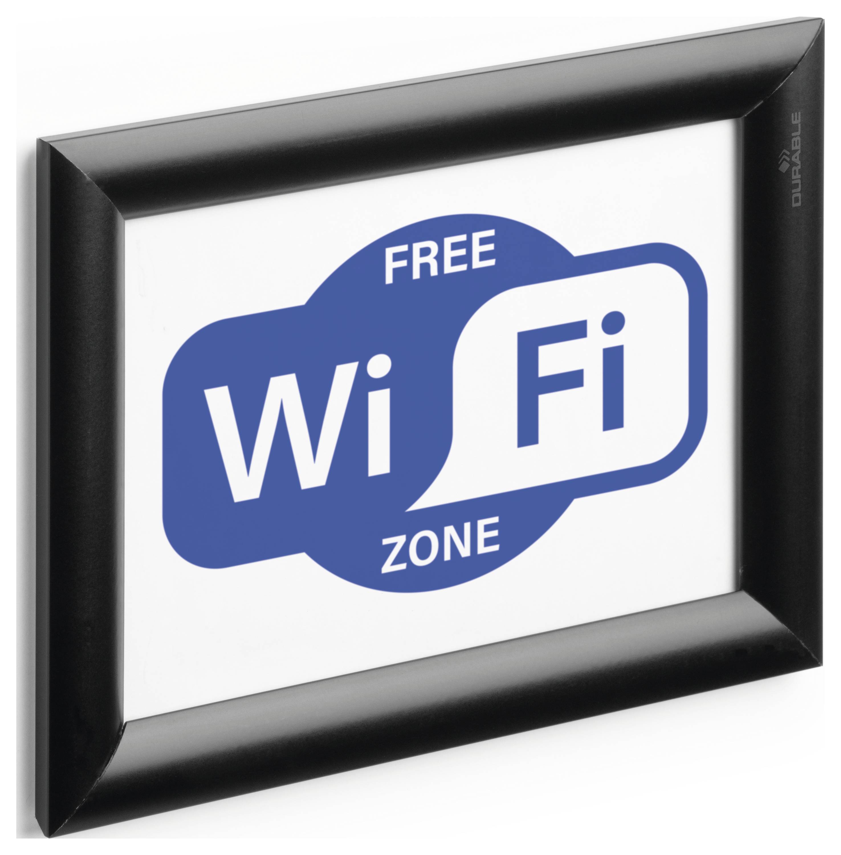 Une pancarte portant l'inscription « Zone WiFi Gratuite » dans des bulles bleues sur un fond blanc dans un cadre noir.