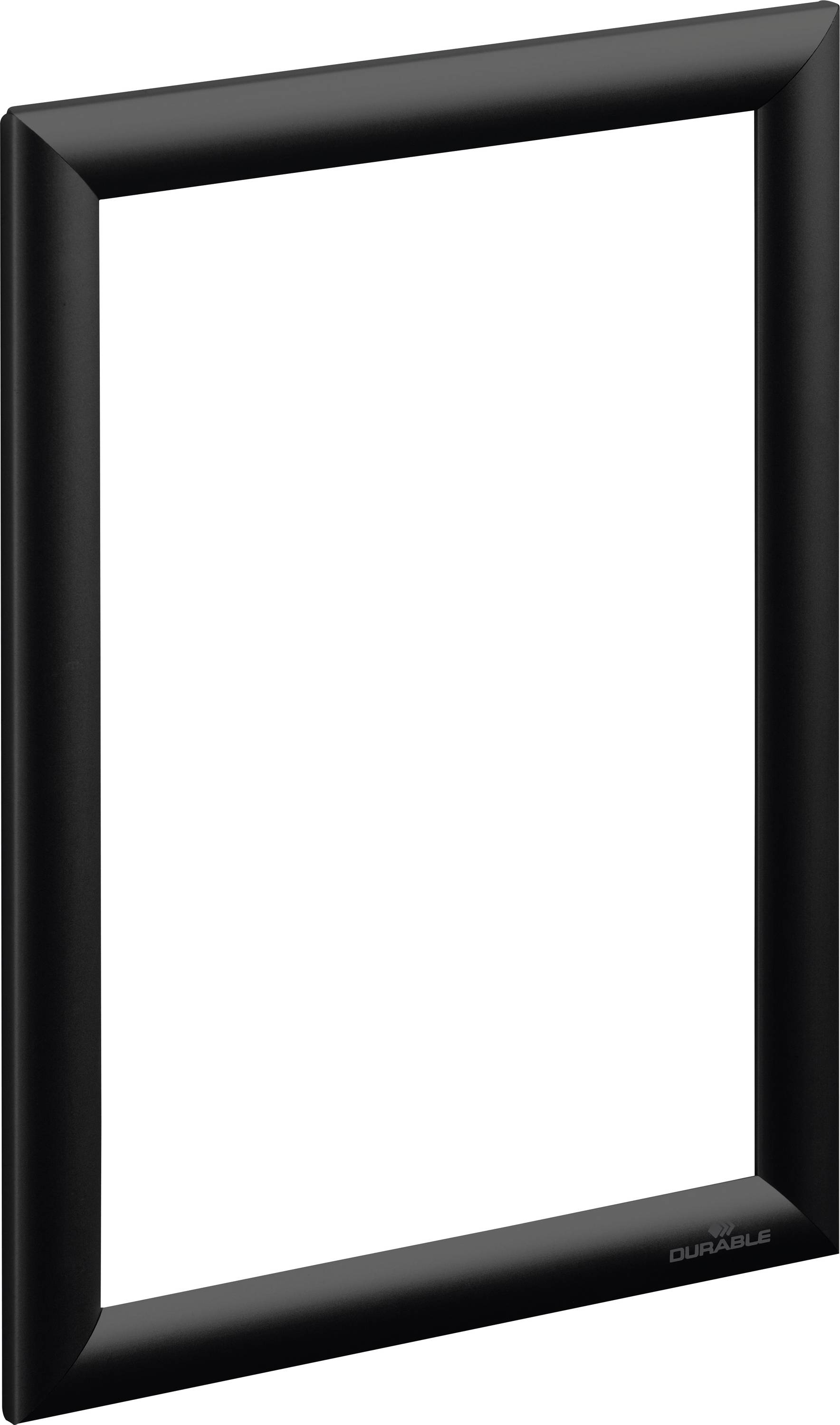 Cadre photo rectangulaire noir en plastique aux angles arrondis, vertical, sans contenu d'image. Logo de marque 'Durable' en bas à droite.