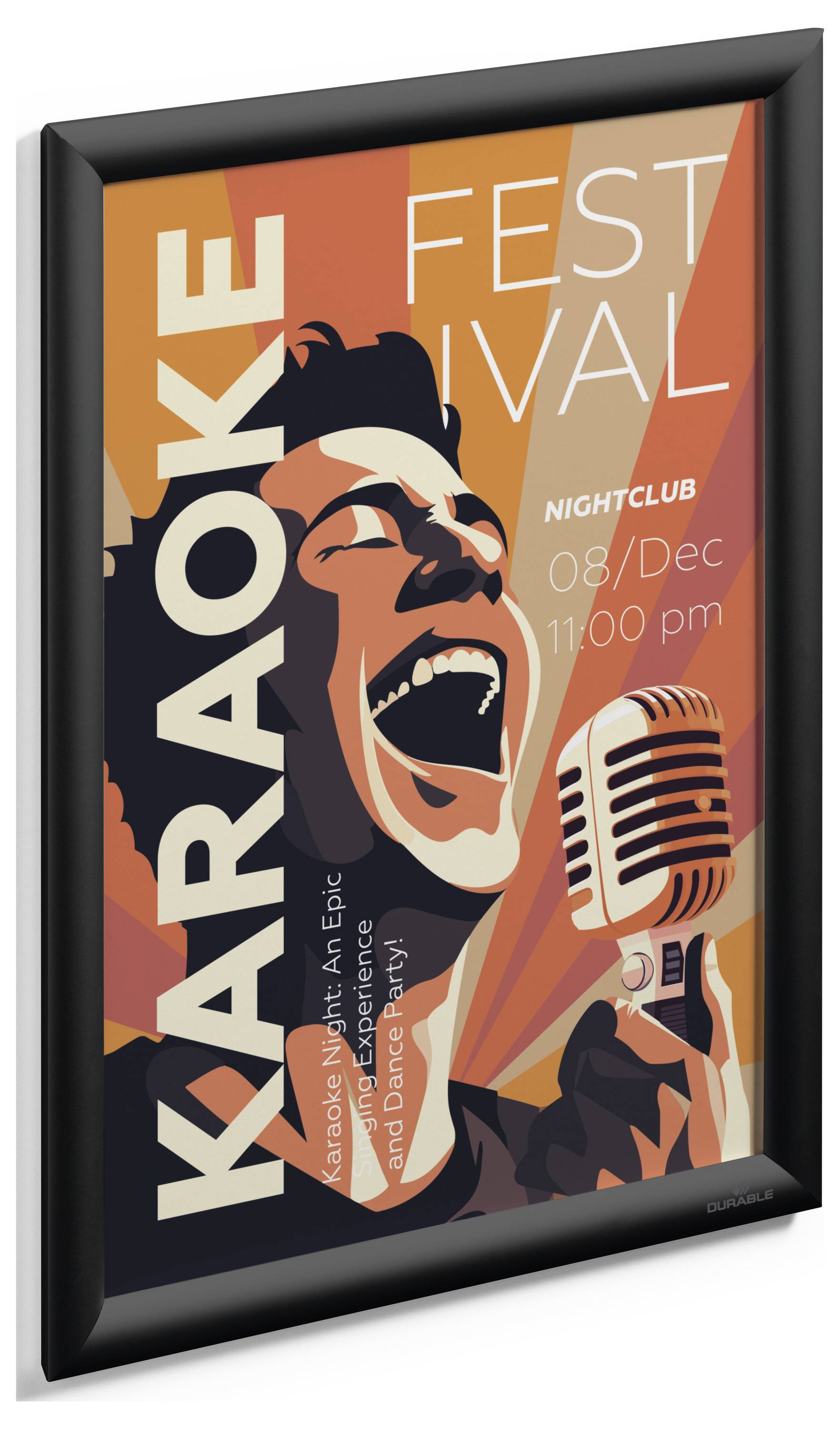 Affiche promotionnelle pour un Festival de Karaoké au Night-club le 8 décembre à 23h. Représente une personne chantant passionnément dans un microphone.