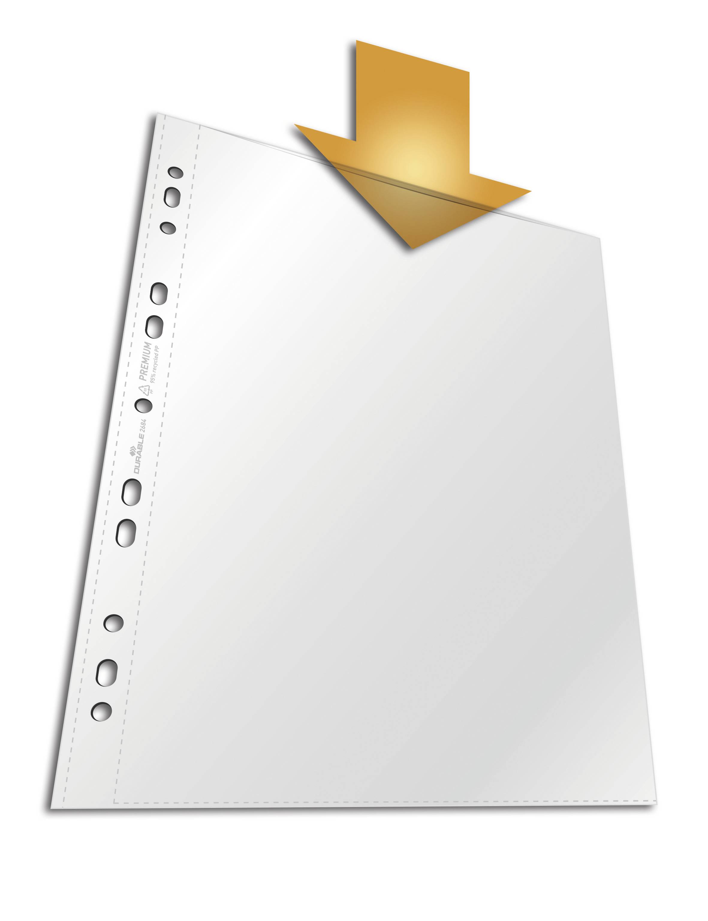 Pochette de document en plastique avec plusieurs trous sur le côté pour le classement, une flèche pointe vers la pochette comme indication pour l'insertion.