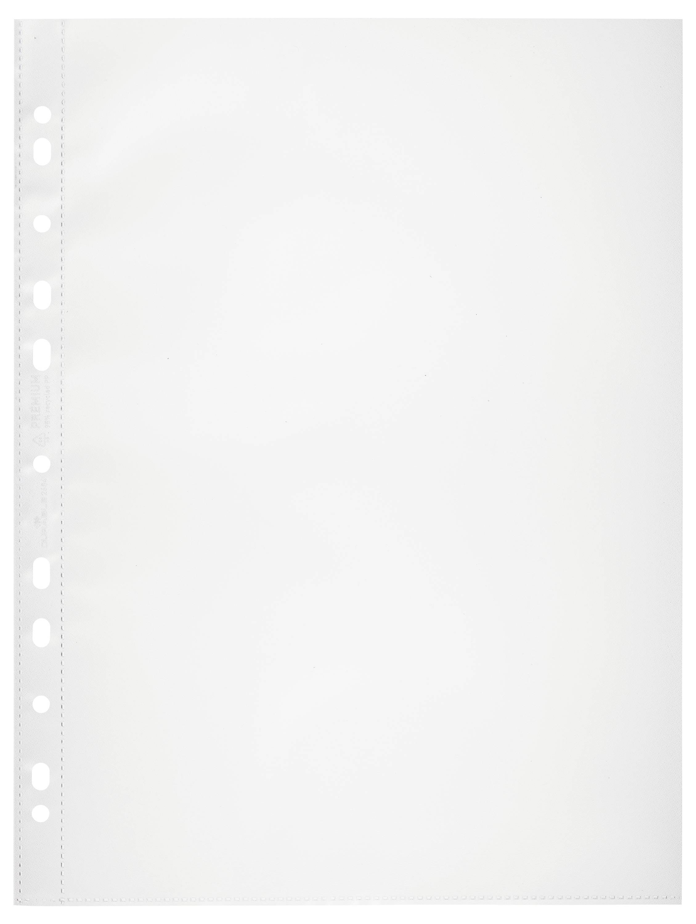 Une pochette plastique transparente et vide, perforée sur le côté, pour ranger des feuilles de papier dans un classeur.