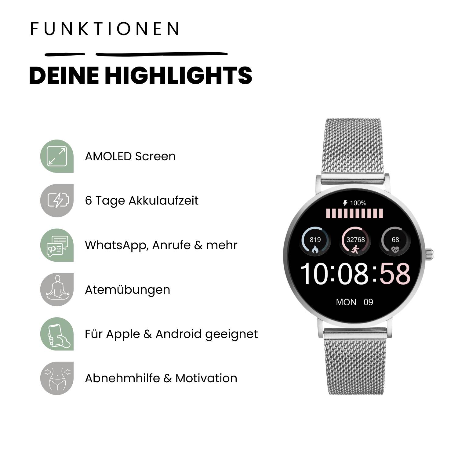 Une montre connectée argentée avec écran AMOLED, autonomie de 6 jours, fonctions WhatsApp et appels, compatible Apple et Android, offrant un suivi de l'activité physique.
