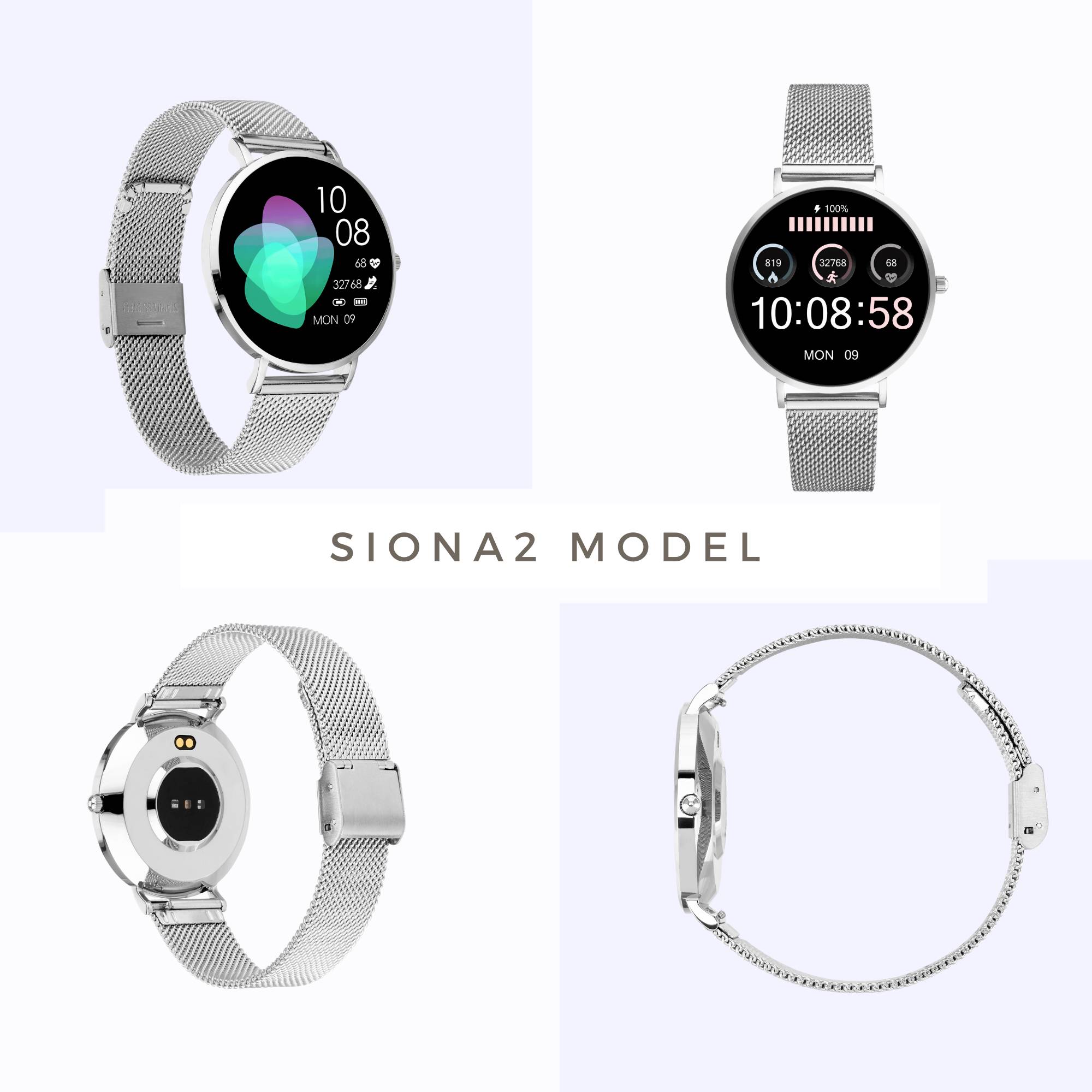Montre 'Modèle Siona2' avec cadran rond, boîtier en argent et bracelet en maille. Affiche l'heure, la date et la fréquence cardiaque.