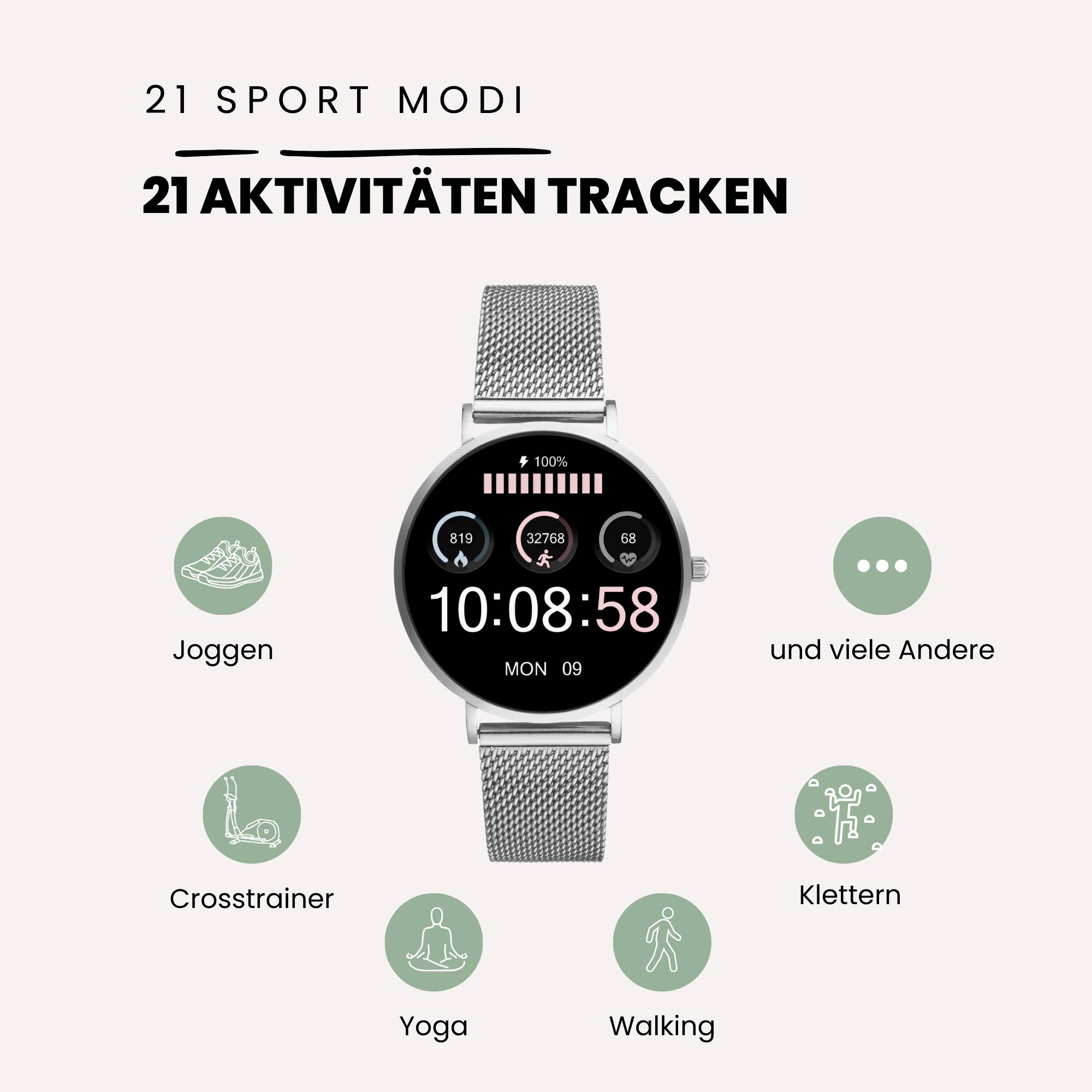 Montre connectée avec un écran affichant '21 activités trackées'. Icônes : course à pied, elliptique, yoga, marche, escalade et plus encore.