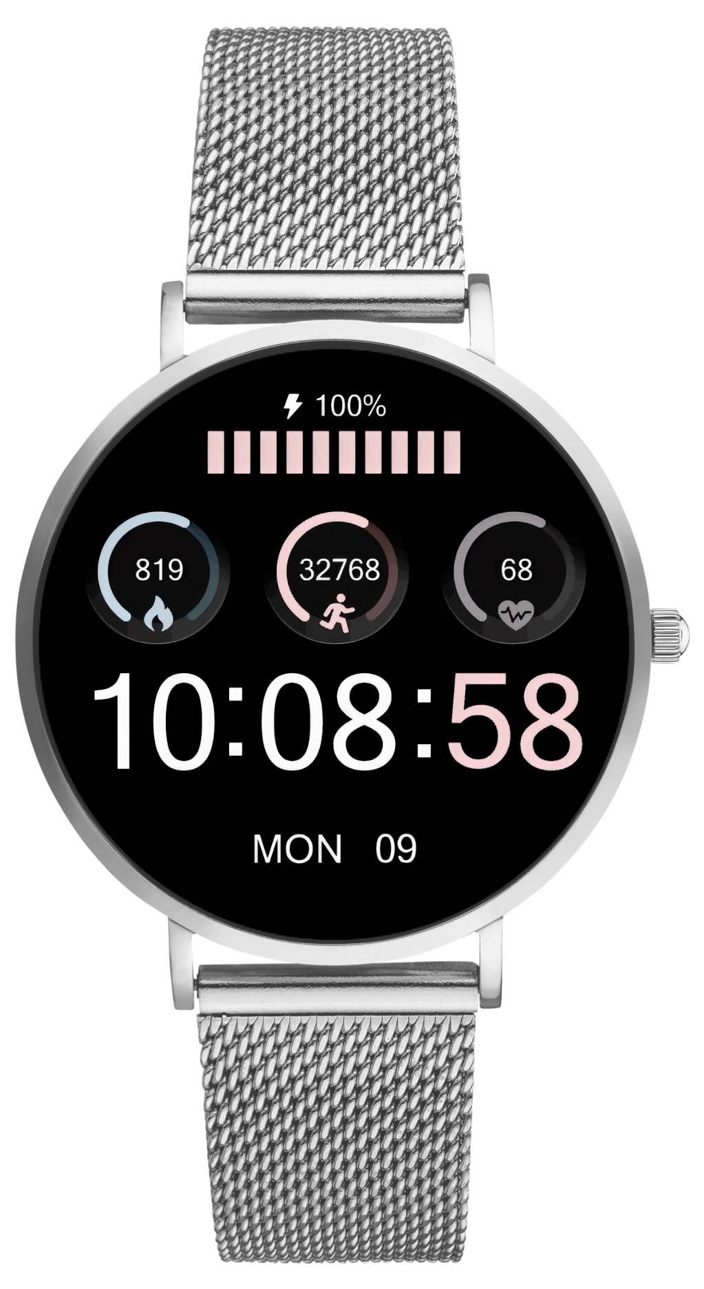Montre connectée avec bracelet métallique affichant les données de fitness telles que le nombre de pas, la fréquence cardiaque et les calories brûlées sur un écran numérique sous l'heure.