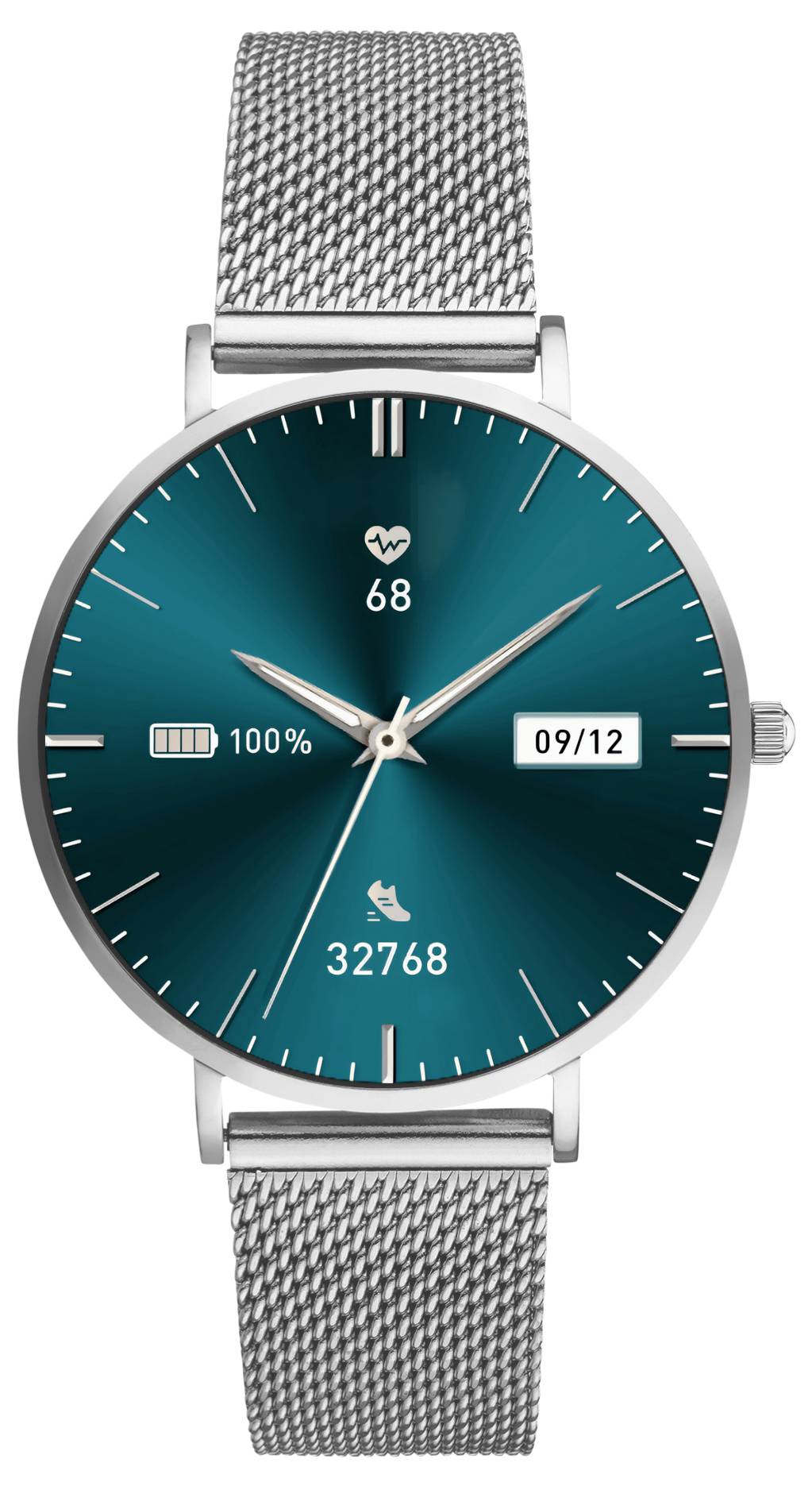 Montre connectée argentée avec un cadran bleu affichant la fréquence cardiaque '68', le niveau de batterie '100%', la date '09/12' et le nombre de pas '32768'.