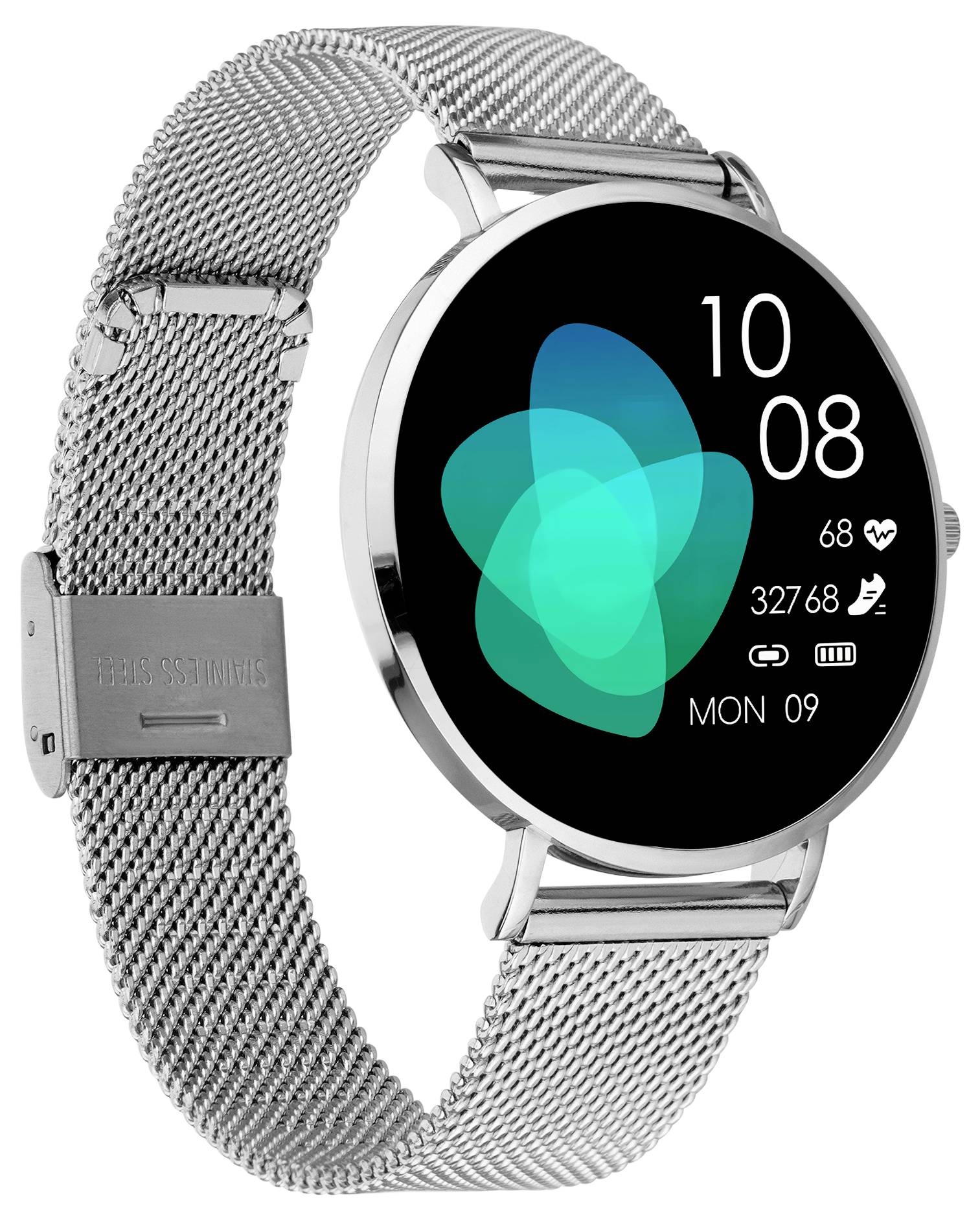Montre connectée élégante avec cadran rond, affichant l'heure, la date, le nombre de pas, la fréquence cardiaque et le niveau de batterie sur un écran digital.