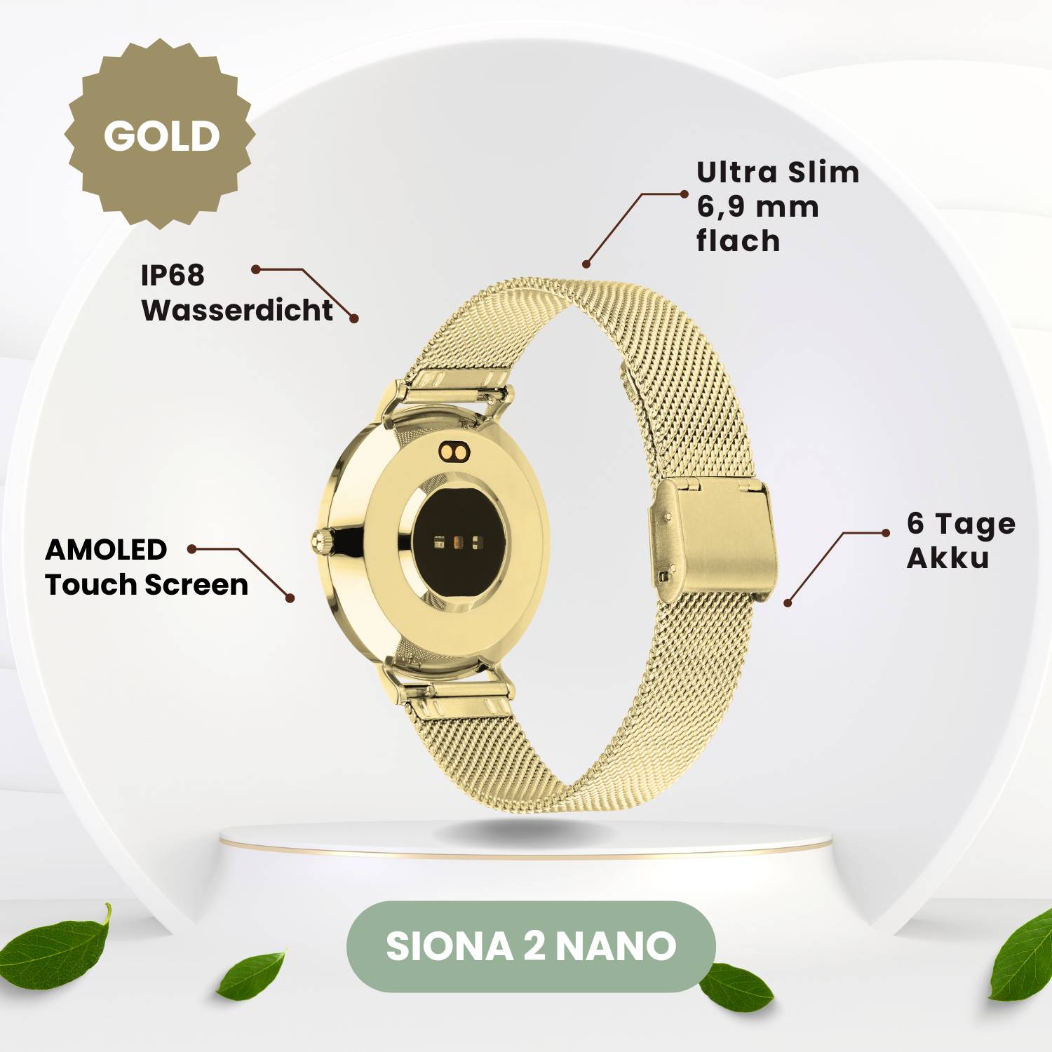 Montre connectée en or avec un design ultra-fin de 6,9 mm, étanche IP68, écran tactile AMOLED et autonomie de 6 jours. Modèle : Siona 2 Nano.