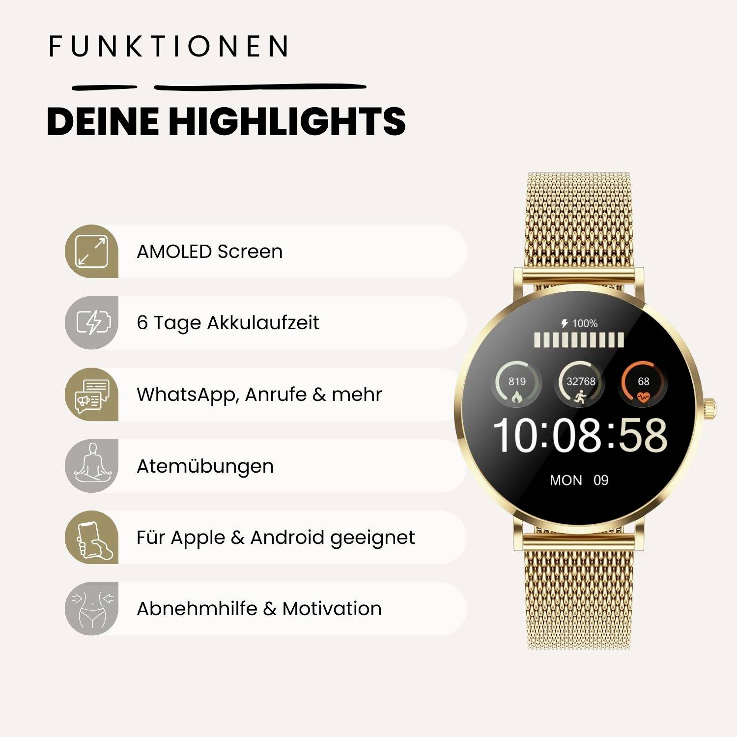 Une montre connectée dorée avec un cadran rond affiche l'heure. Texte à côté énumérant les fonctionnalités : Écran AMOLED, batterie de 6 jours, WhatsApp, appels, exercices de respiration, compatible Apple & Android, aide à la perte de poids.