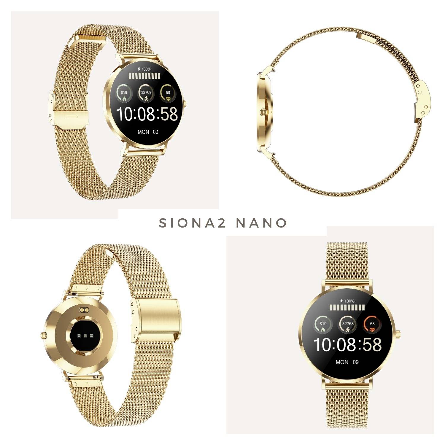 Montre connectée dorée avec cadran rond, affichant l'heure '10:08:58'. Quatre vues : de face, de côté, bracelet ouvert et vue arrière. Modèle : SIONA2 NANO.