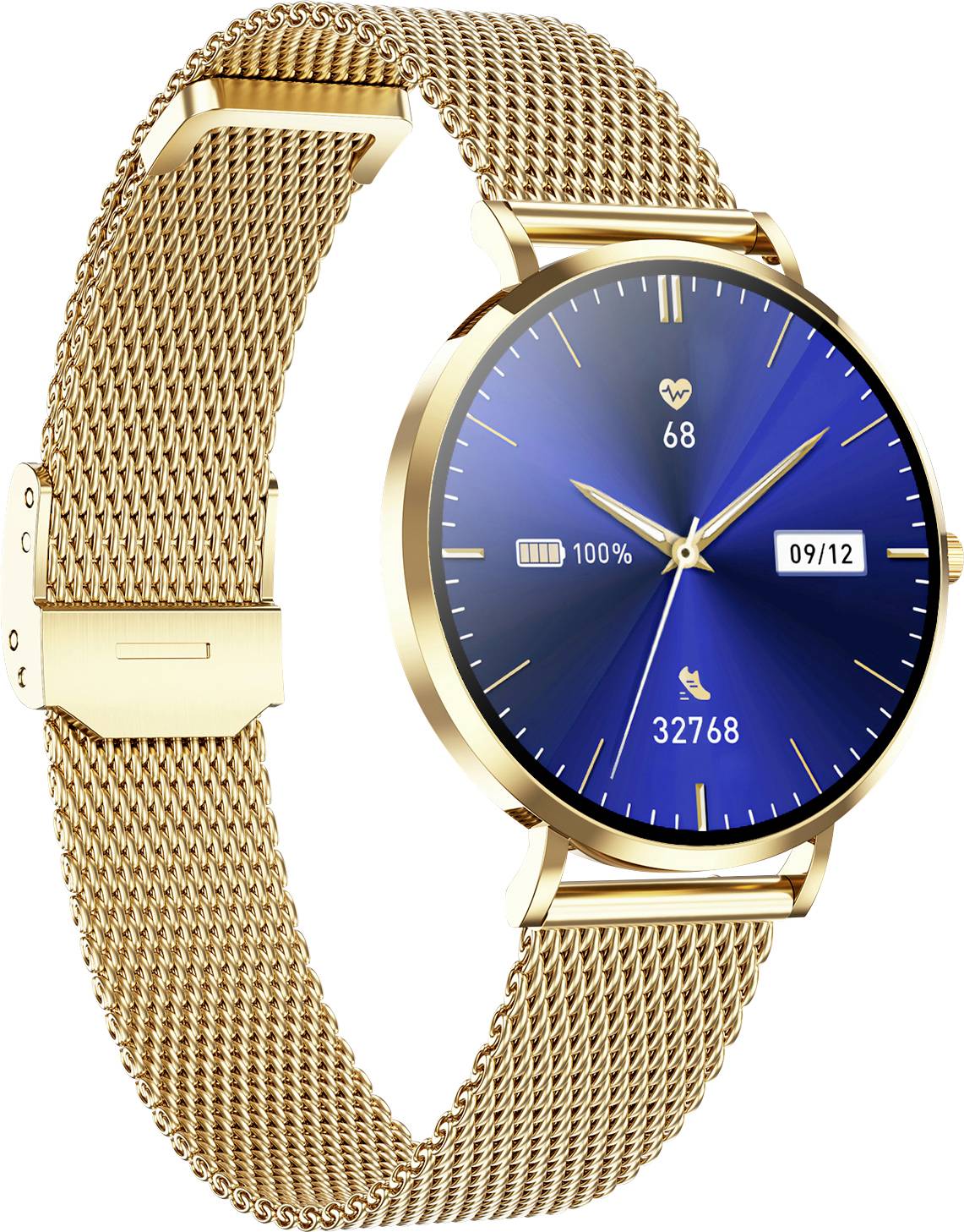 Montre connectée dorée avec un cadran bleu affichant la date '09/12', la fréquence cardiaque '68', le niveau de batterie '100%', et les pas '32768'.