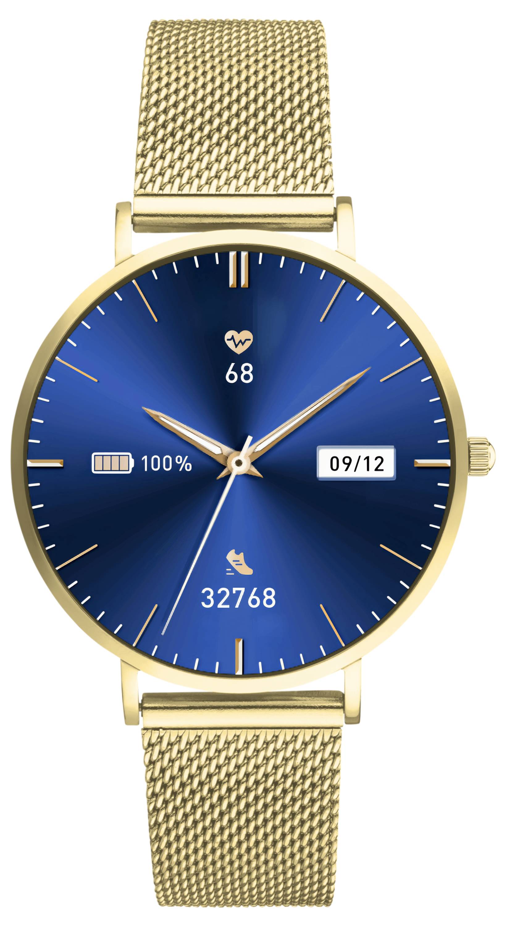 Montre-bracelet dorée avec cadran bleu. Affiche la fréquence cardiaque '68 BPM', état de la batterie '100%', date '09/12' et nombre de pas '32768'.
