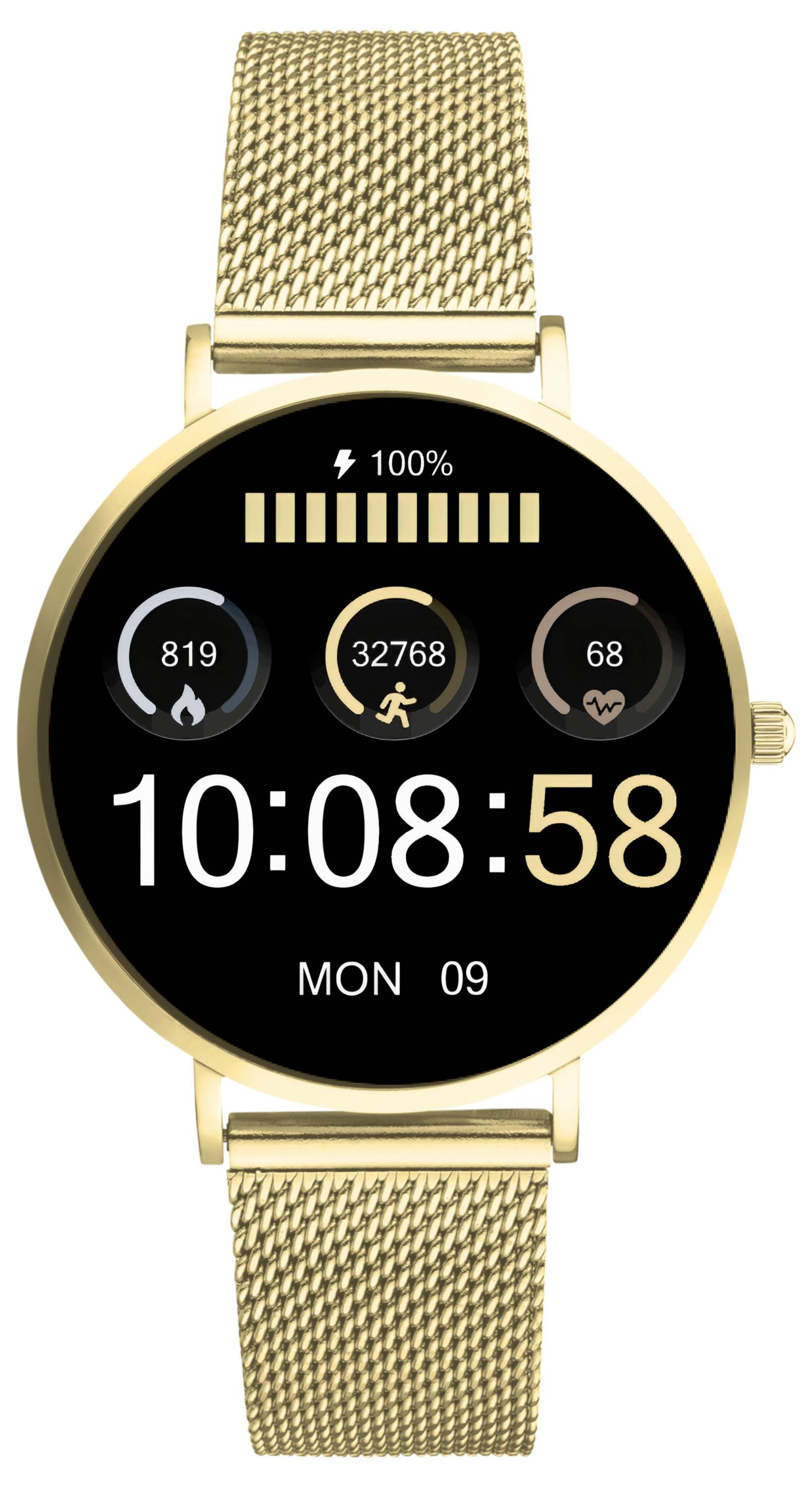 Montre connectée avec bracelet couleur or. Affiche les pas, les calories, le pouls, l'heure '10:08:58', la date 'Lundi, 09' et le niveau de batterie 100%.