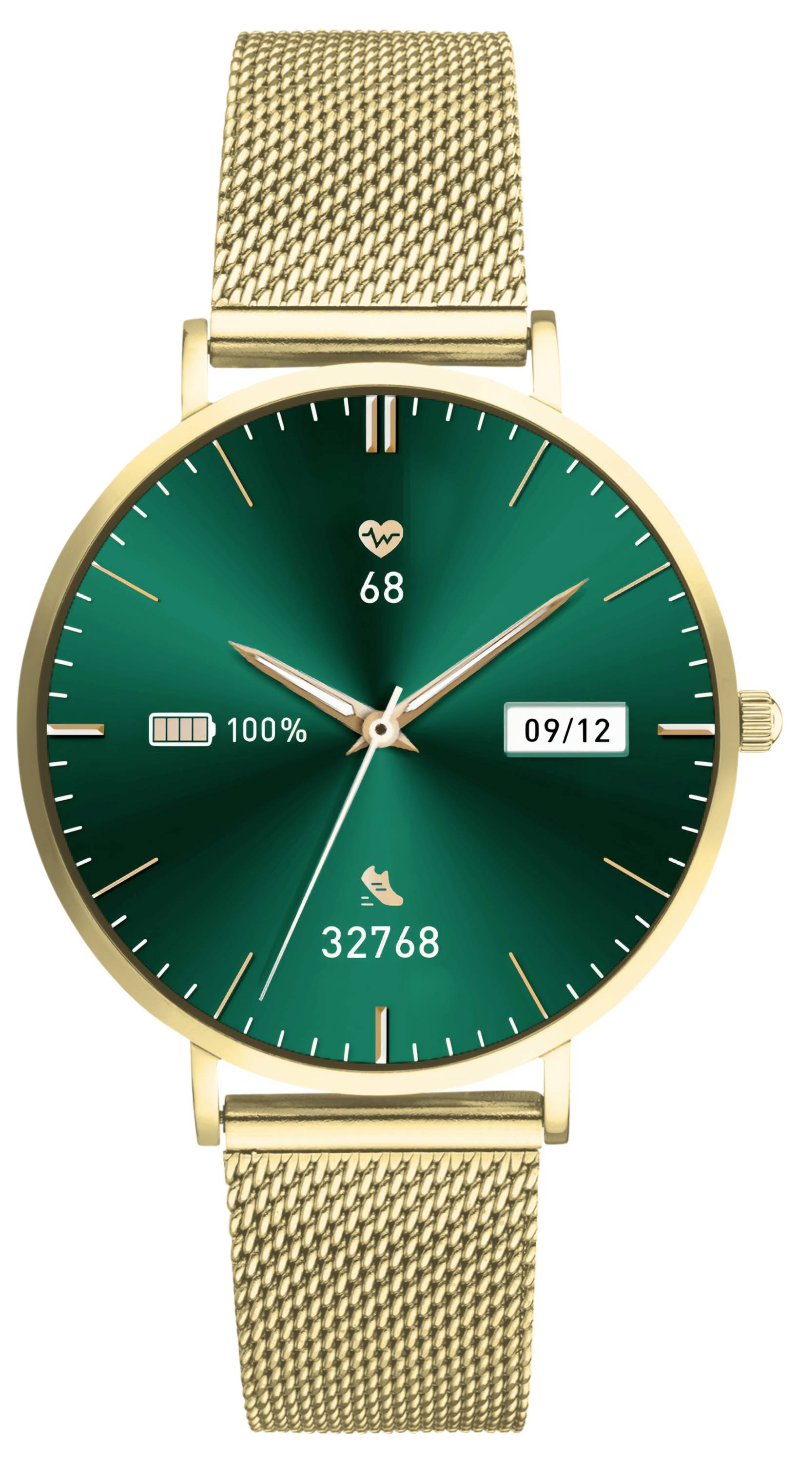 Montre dorée avec un cadran vert affichant une fréquence cardiaque de '68', un statut de batterie de '100%', la date '09/12' et '32768' pas.
