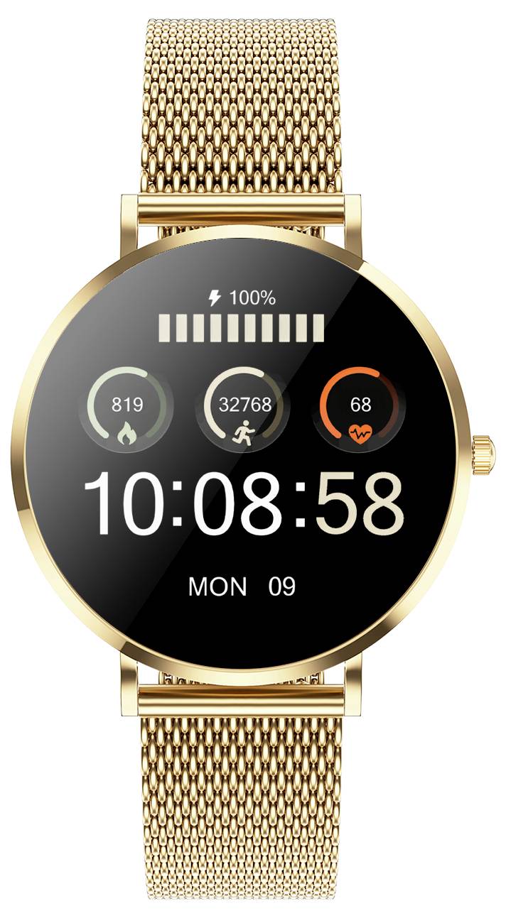 Montre connectée dorée à cadran rond affichant l'heure '10:08:58', la date 'Lun 09', la fréquence cardiaque, les pas et les calories brûlées.