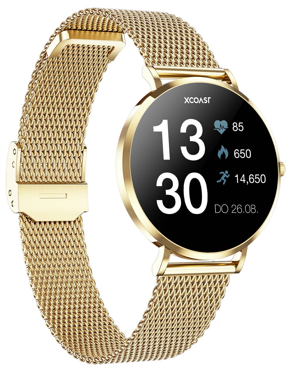 Montre connectée dorée avec bracelet milanais affichant l'heure 13:30, fréquence cardiaque 85 bpm, 650 calories, 14 650 pas, date 26.08.