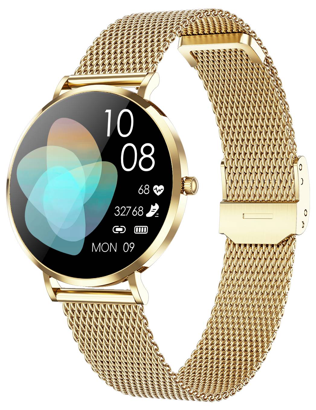 Montre intelligente dorée avec bracelet en maille. L'écran affiche l'heure 10:08, rythme cardiaque 68, 32 768 pas et le symbole de lundi, 9.