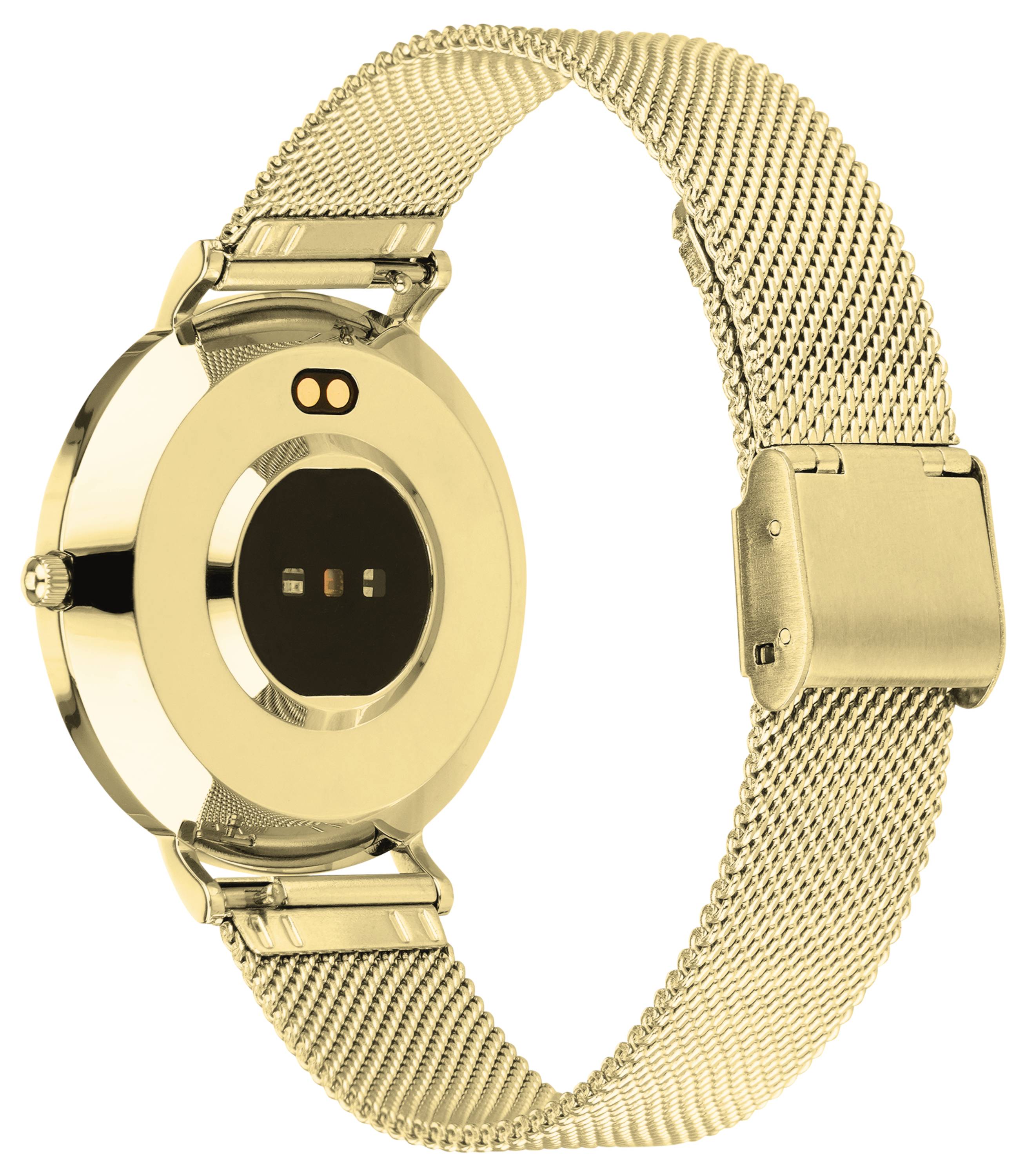 Montre connectée dorée à boîtier rond et bracelet métallique, face arrière avec capteurs visibles.