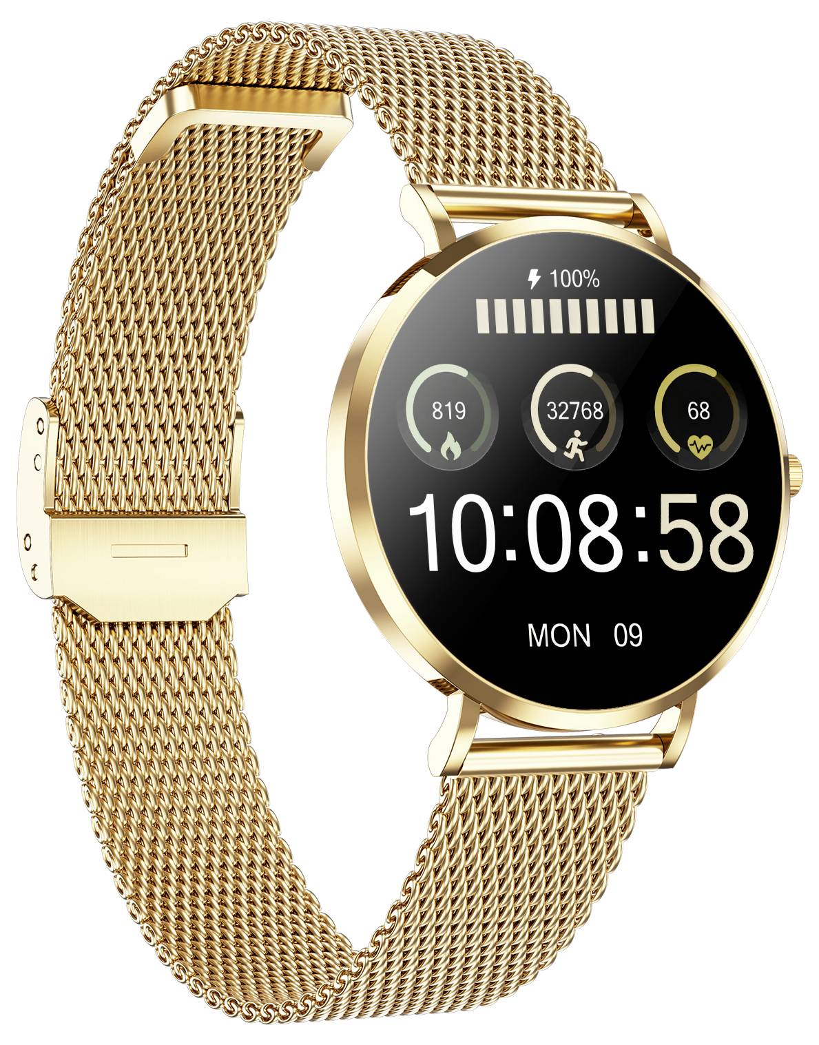 Montre connectée dorée avec un cadran rond affichant l'heure 10:08:58 et la date. Les données de fitness telles que les pas et les calories sont visibles.