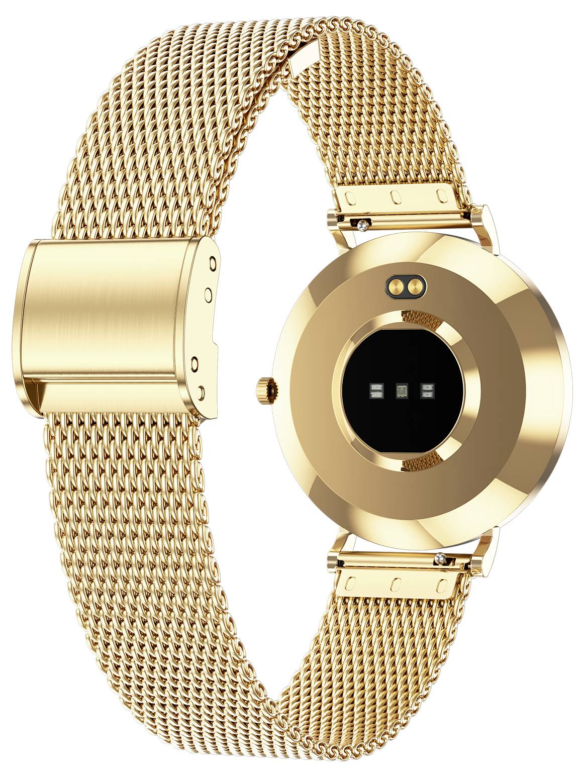 Montre-bracelet dorée avec bracelet en métal et boîtier rond. La montre montre son dos avec des capteurs. Aucun cadran n'est visible.