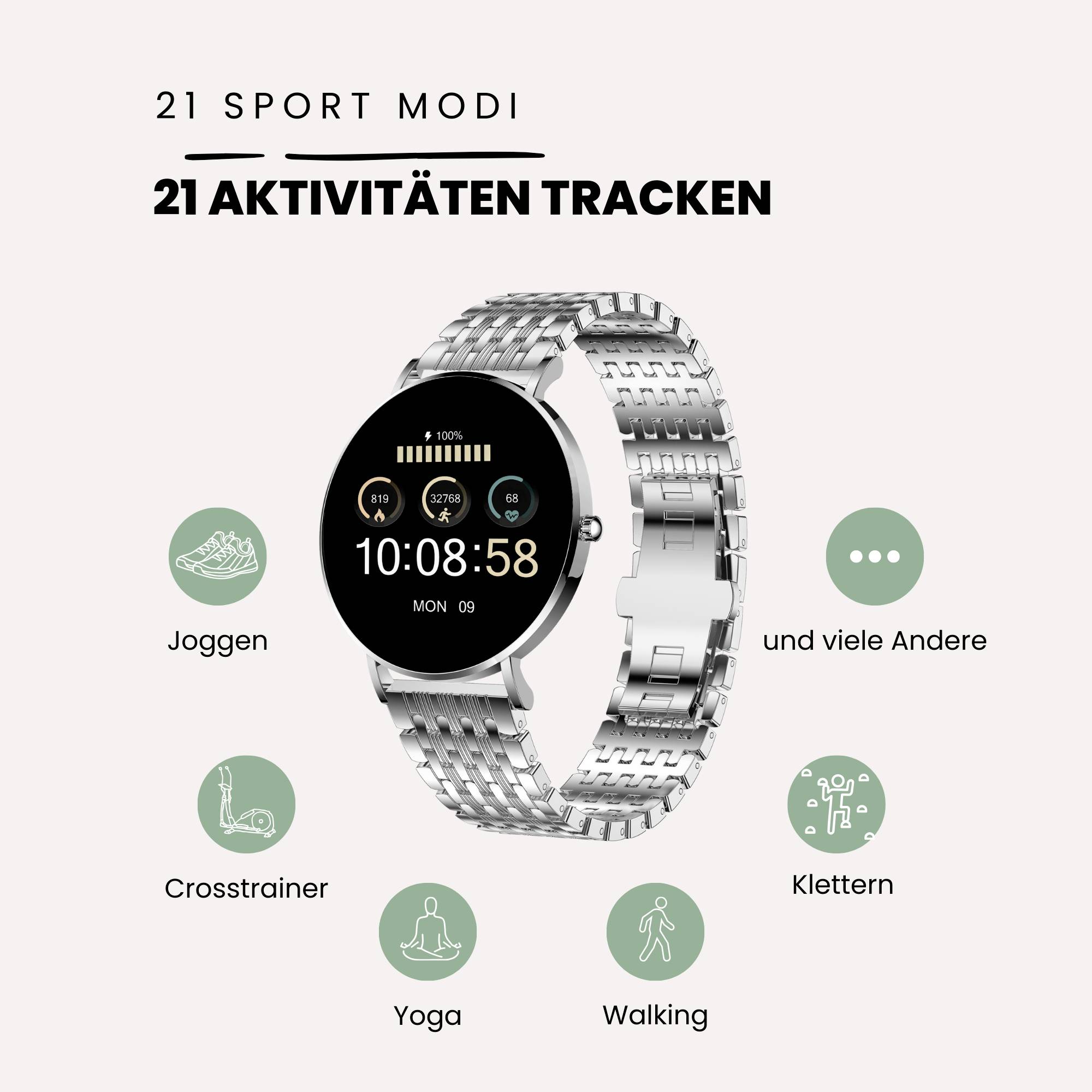 Une montre connectée argentée affiche l'heure 10:08. Texte : '21 Modes de Sport', '21 Activités à tracker'. Symboles de course à pied, elliptique, yoga, marche, escalade.
