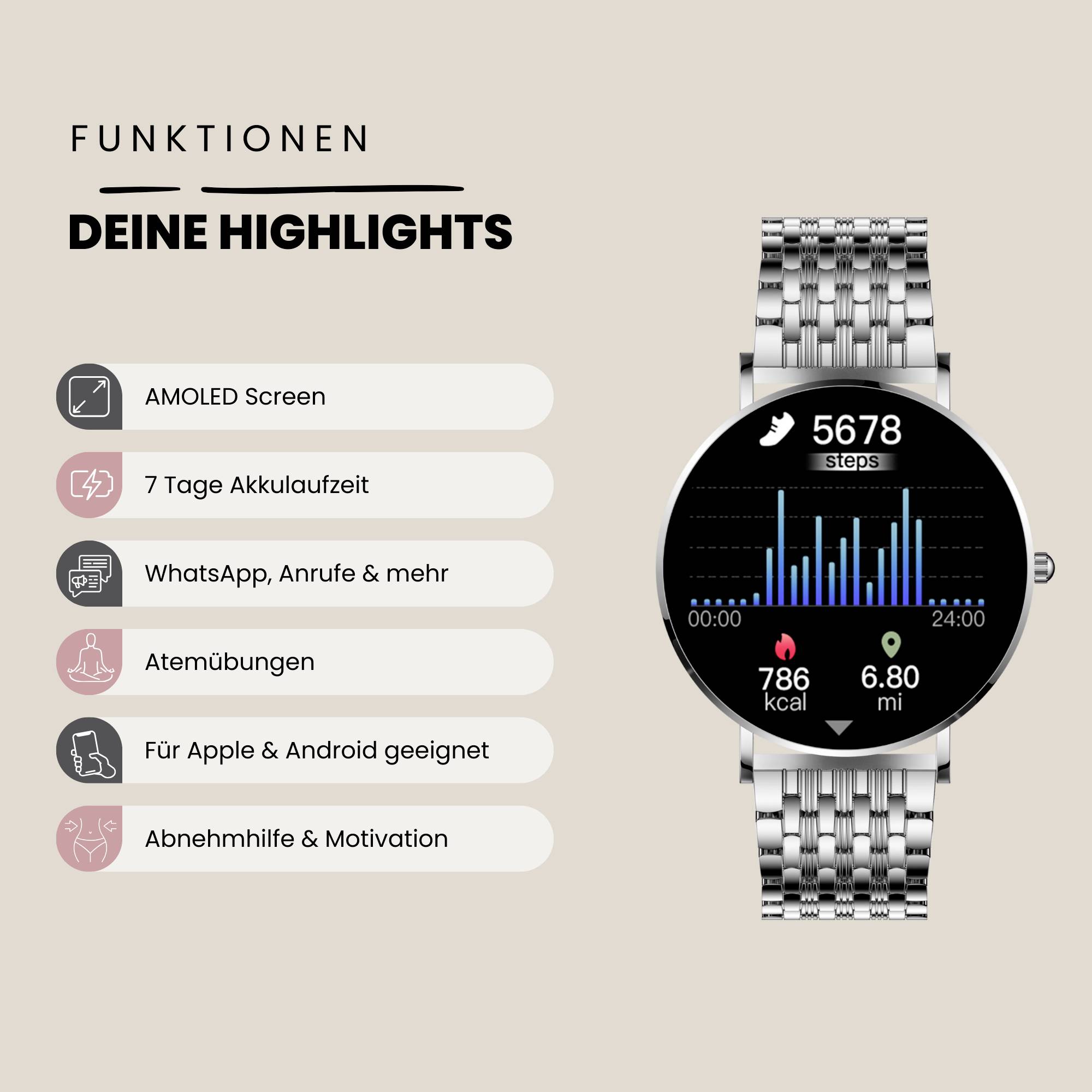 Montre connectée avec bracelet métallique affichant les pas, les calories brûlées et les kilomètres parcourus. Fonctions incluant les appels, les messages, autonomie de batterie de 7 jours.