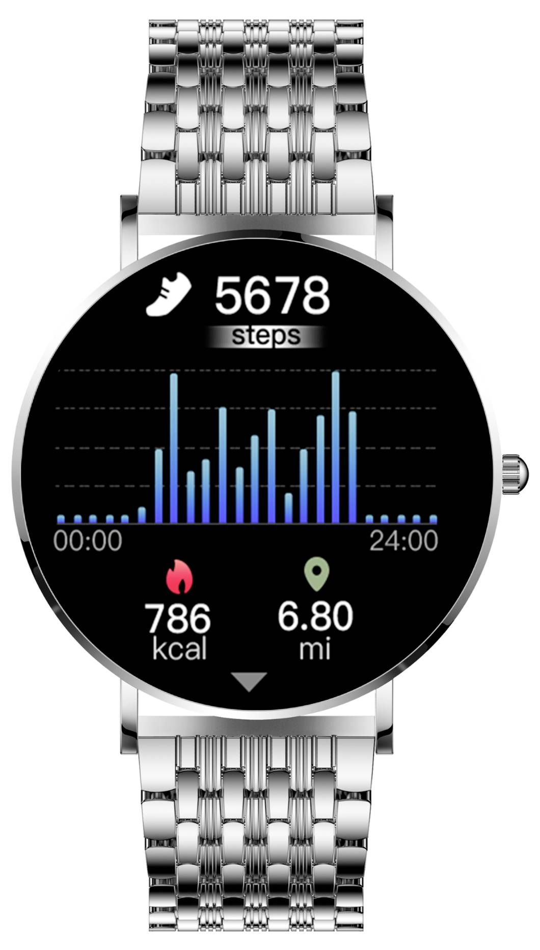 Montre connectée sobre affiche : '5678 pas', diagramme avec niveaux d'activité, '786 kcal', '6,80 mi', décompte de minuit à 24h.