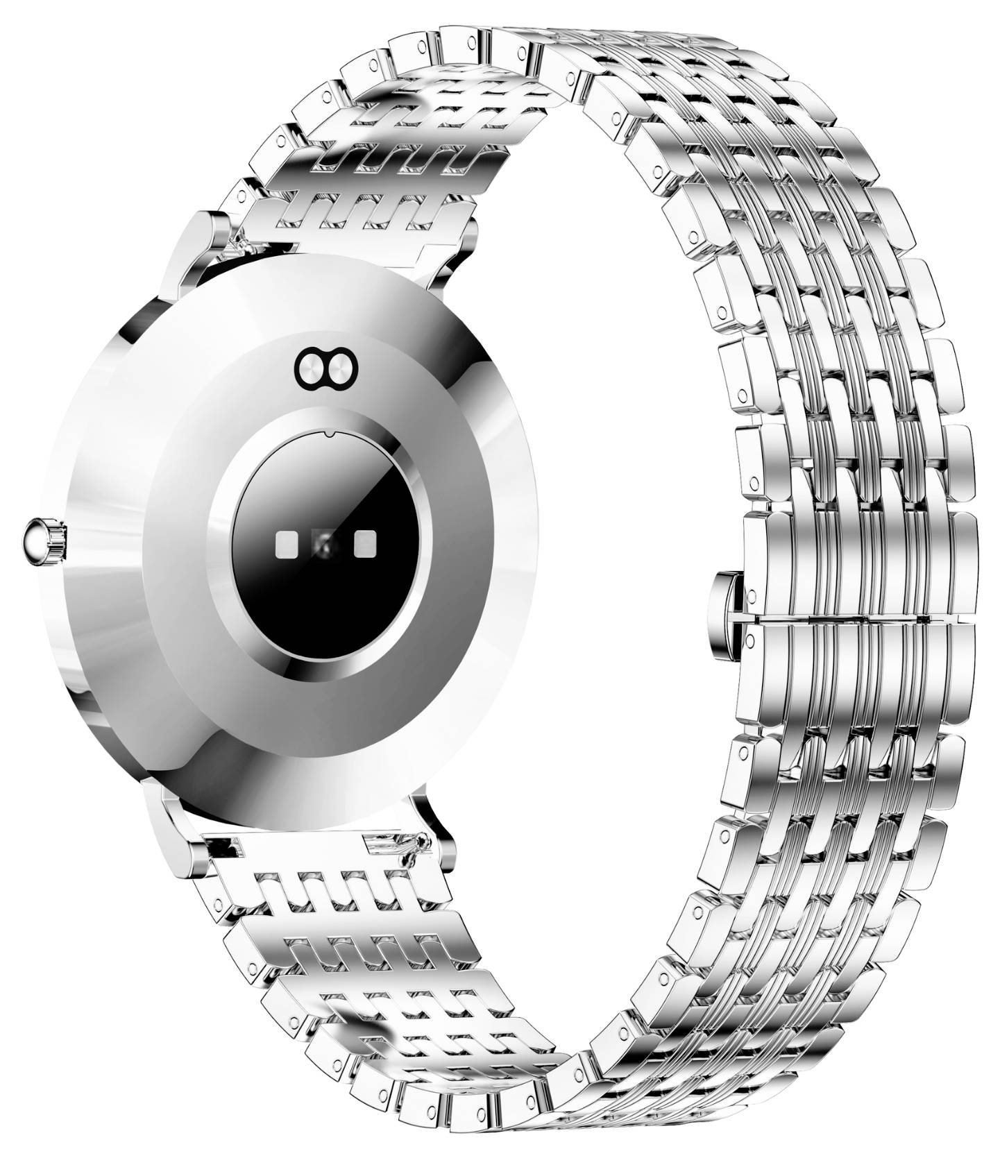 Une montre-bracelet en argent avec un bracelet métallique brillant et un boîtier rond, photographiée de profil par l'arrière.