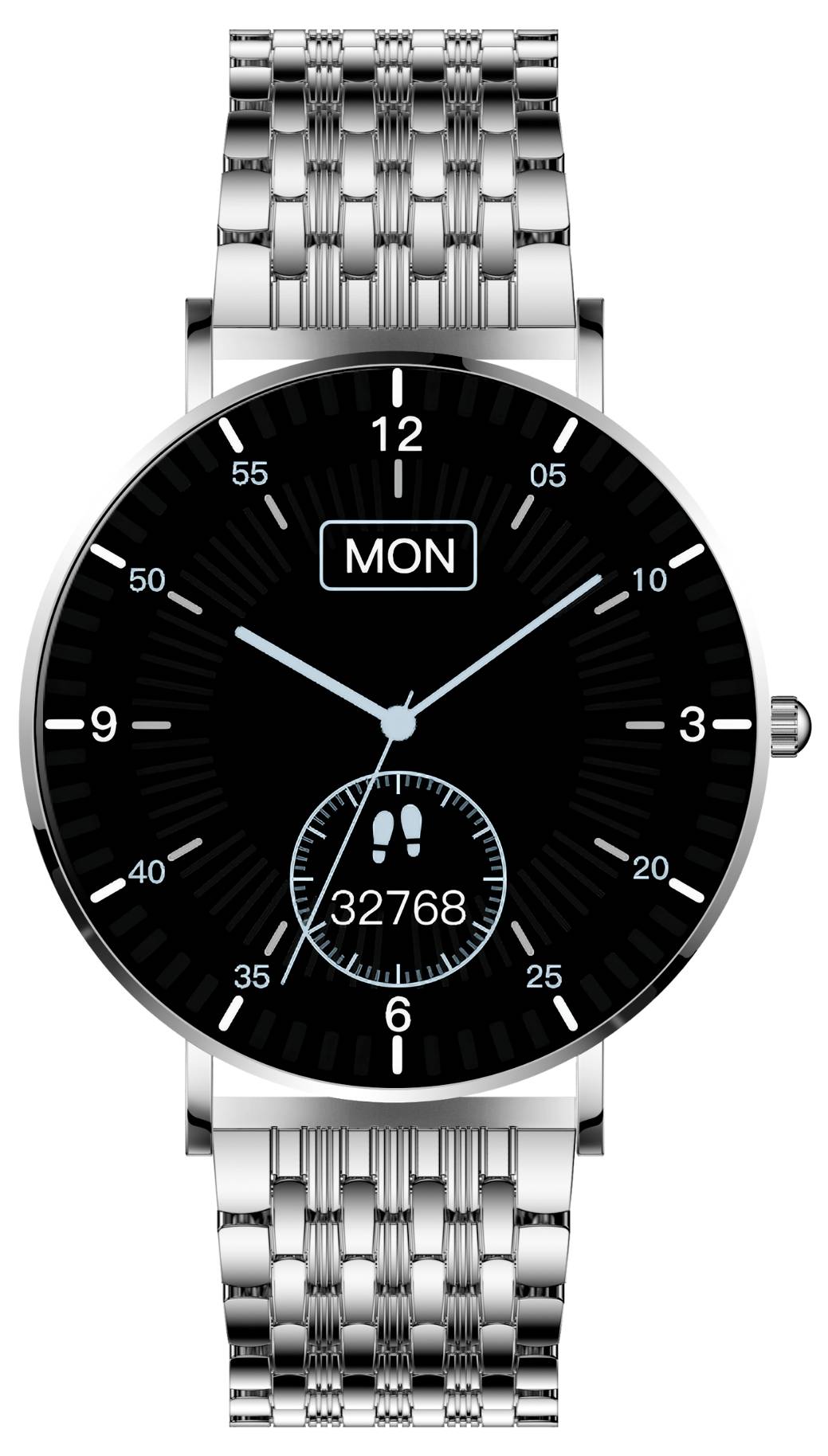 Montre métallique à affichage numérique indiquant 3:10, jour 'LUN' et un compteur de pas de 32 768 pas.