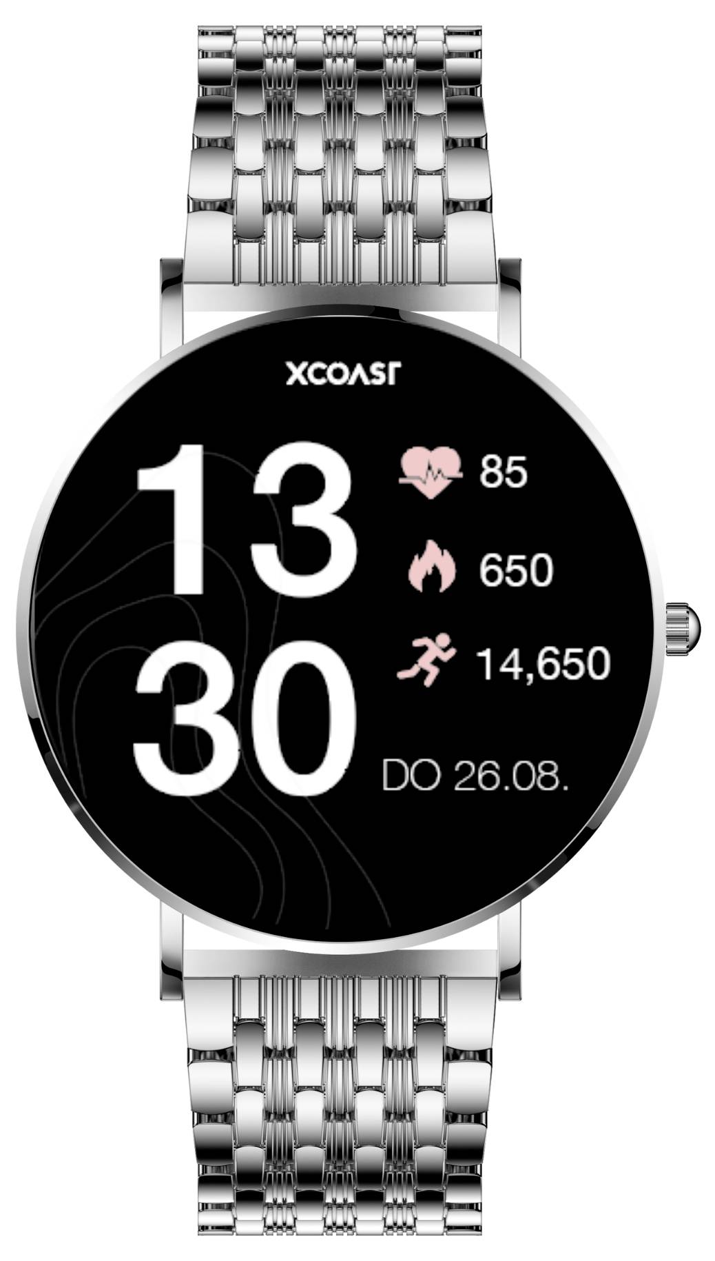 Une montre connectée argentée affiche 13:30. Écran montrant une fréquence cardiaque de 85, calories 650, pas 14 650. Date : 26.08.