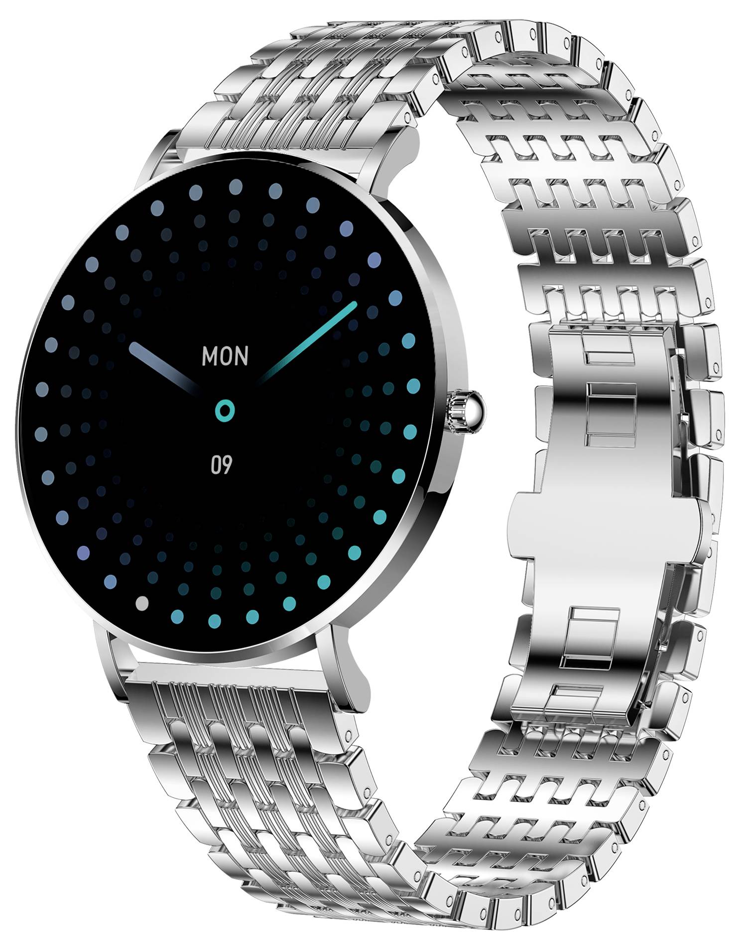 Une montre-bracelet argentée à affichage numérique indique le jour de la semaine 'LUN' et la date '09'. La montre arbore un design moderne.