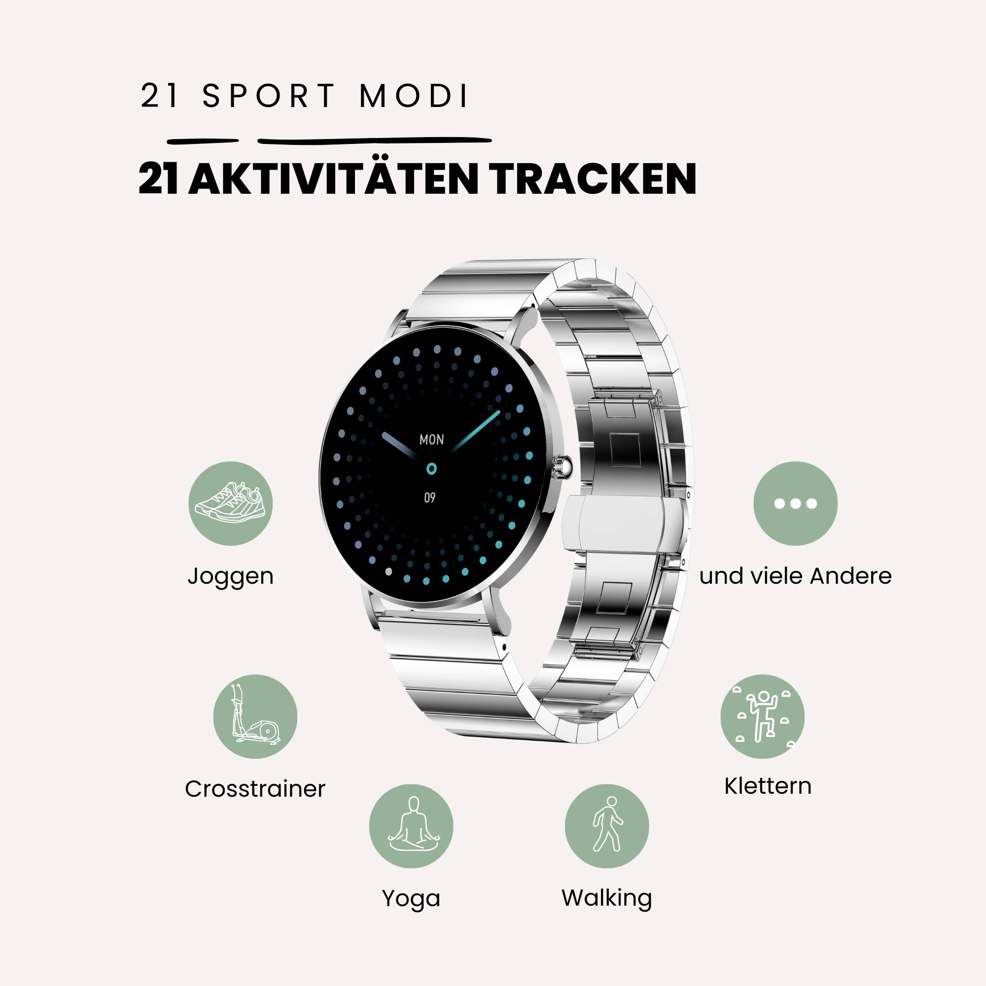 Une montre connectée est présentée avec l'inscription « 21 modes sportifs ». Les activités telles que la course à pied, l'elliptique, le yoga, la marche et l'escalade sont listées.