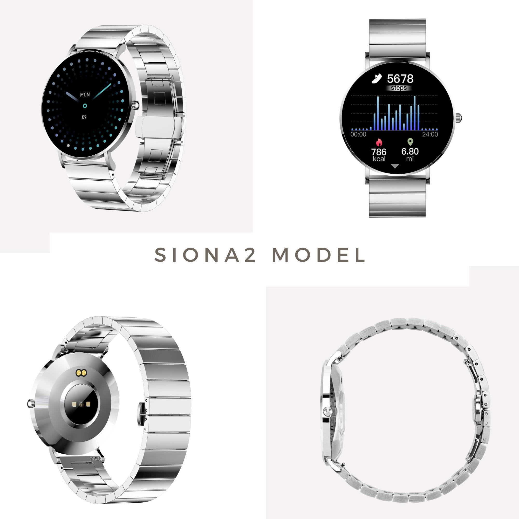 Montre connectée Siona2 en argent sous différents angles : écran avec cadran et indicateur de fitness, vue arrière et vue latérale avec bracelet.