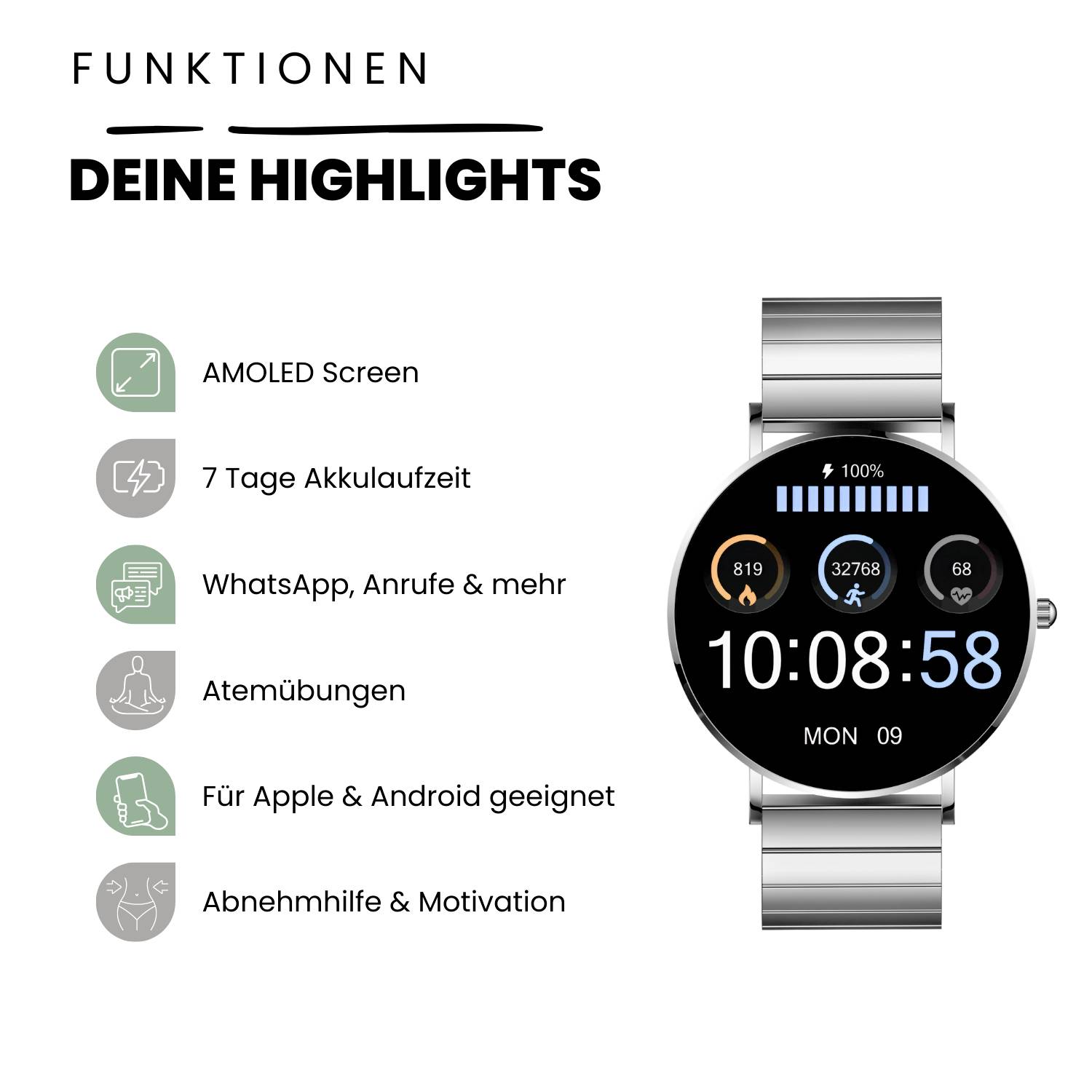 Montre connectée avec les fonctionnalités suivantes : écran AMOLED, autonomie de 7 jours, compatible avec WhatsApp, appels, iOS & Android.
